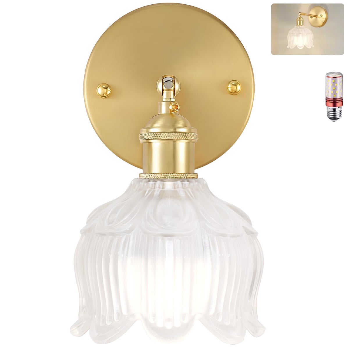 Lampa ścienna z żarówką, lampa nocna w stylu vintage, lampa ścienna do lustra w łazience, kwiatowa lampa ścienna ze szklanym kloszem
