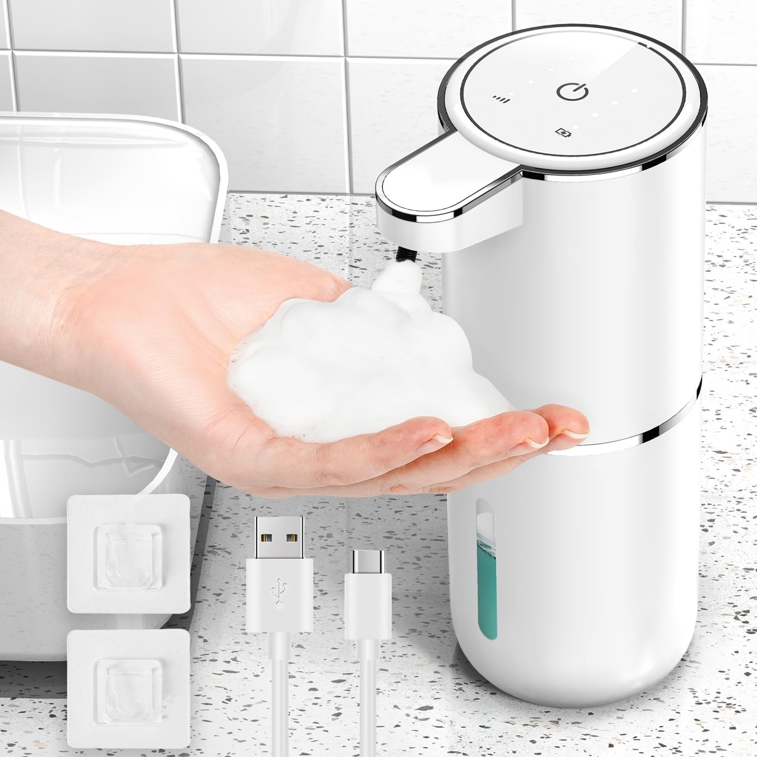 Automatyczny Dozownik do Mydła - 380ml Ścienny Dozownik do Mydła z 4 Poziomami Automatyczny Dozownik do Mydła - USB Akumulator - Wodoodporny IPX5