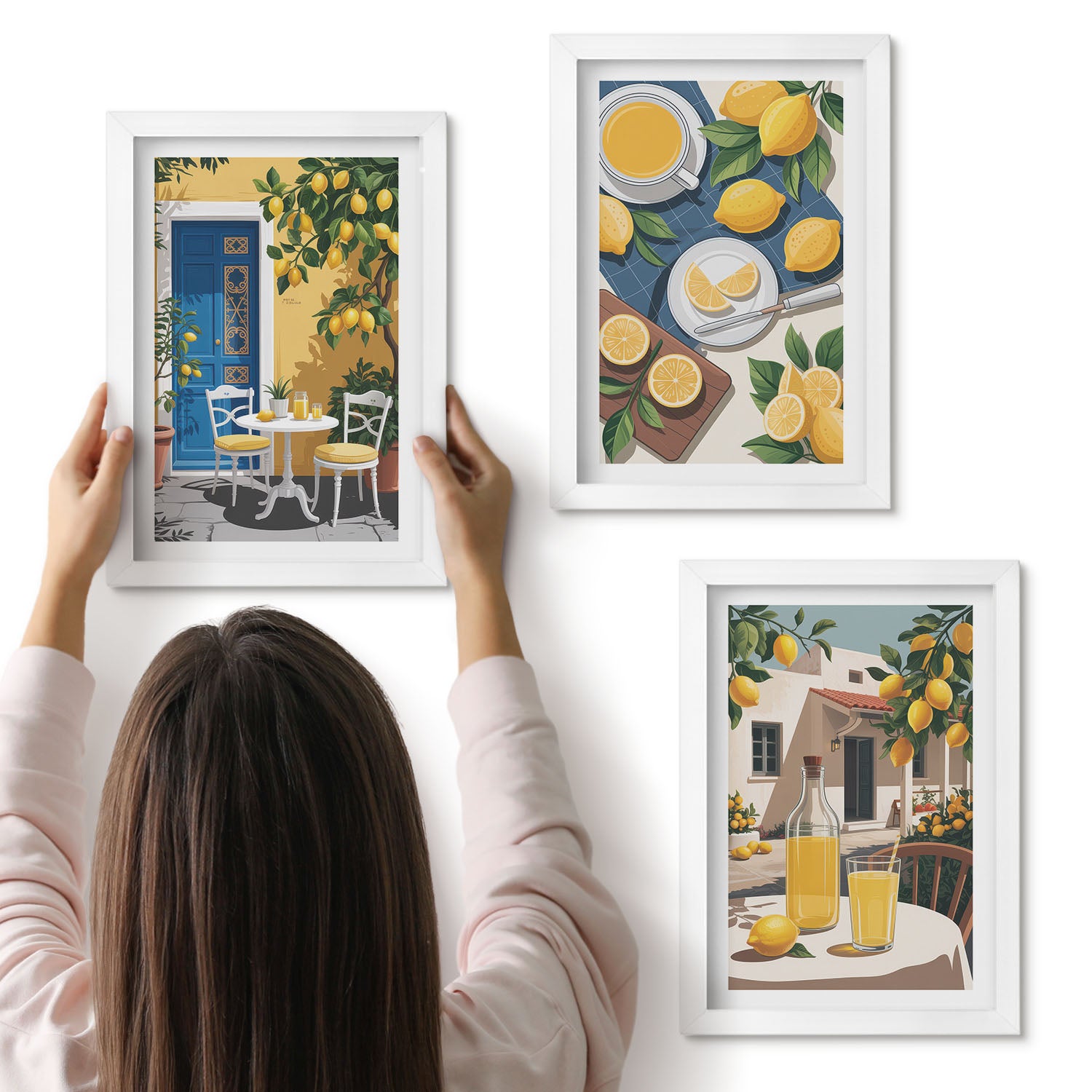 Galeria ścienna 3-częściowy komplet obrazów w białych ramach - Lemoniada cytrynowa włoskie widoki i patio w słońcu - ArtPrintCave