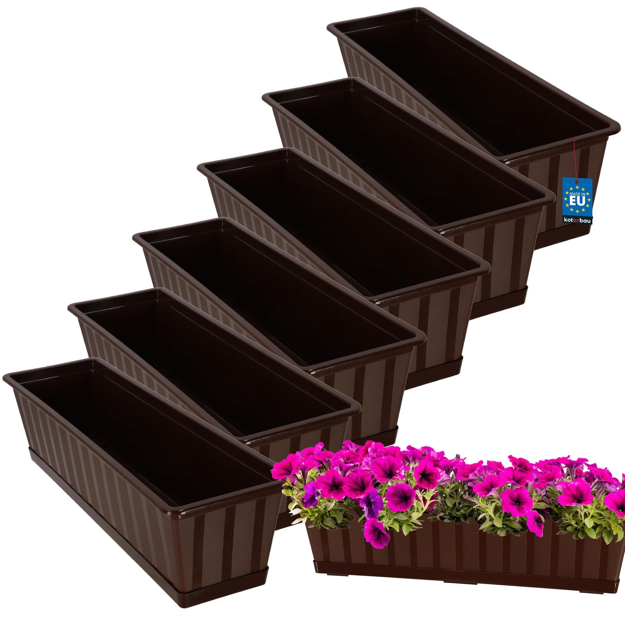 6 szt. Doniczka - Skrzynka Balkonowa - 60 x 18 x 14 cm - Skrzynia na Balustradę Balkon - Donica z Podstawką - Brąz KOTARBAU