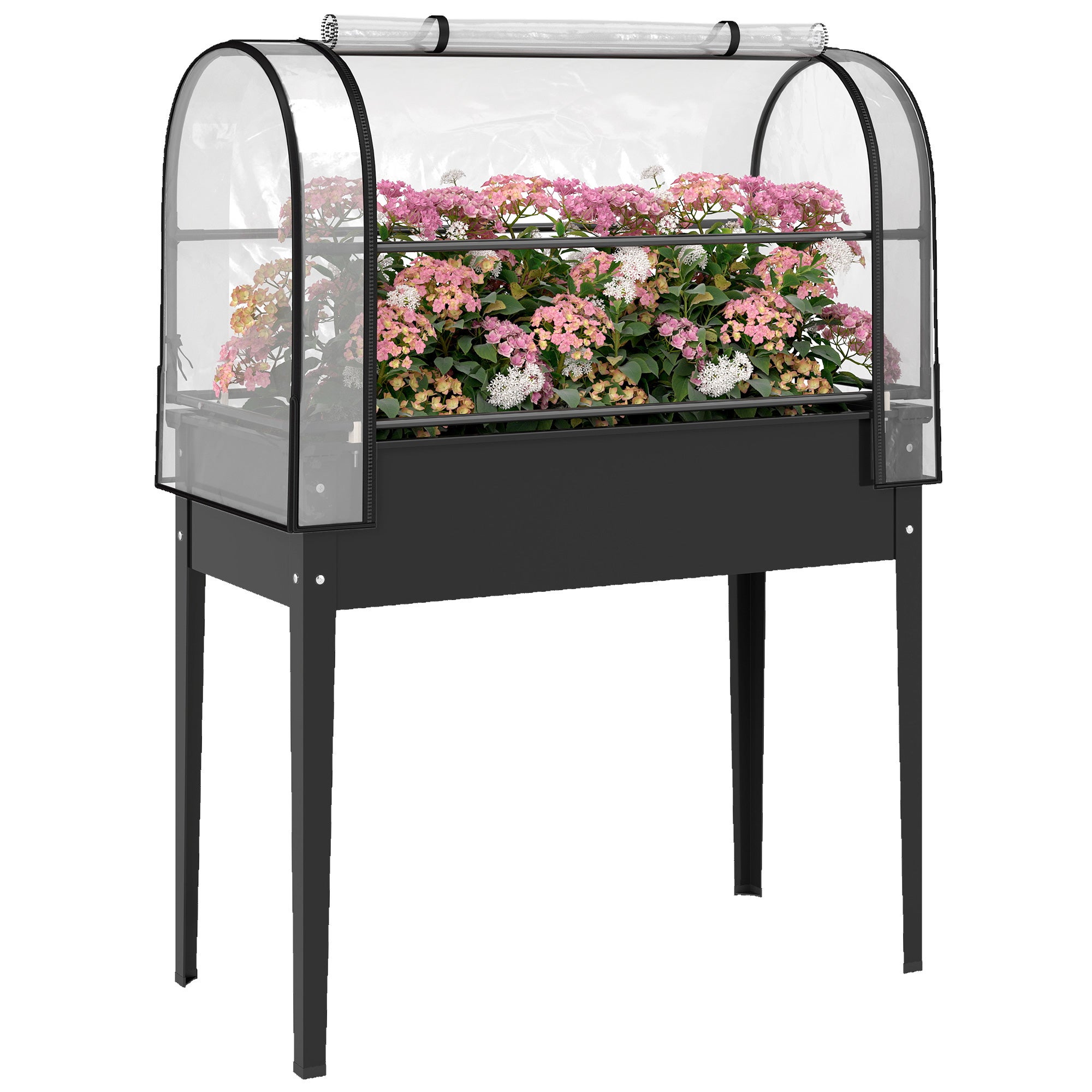 Standing podwyższona grządka ogrodowa z składany szklarnia, Elevated metal donica z drenaż otwór, 100 x 49 x 136 czarny