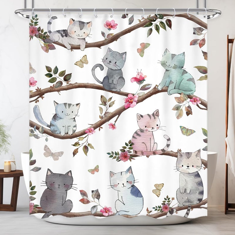 Zasłona prysznicowa dla dzieci - Zabawny wzór z kotem - 180 cm szerokości x 180 cm długości - Uroczy wzór z kreskówkowymi zwierzętami - Różowy wzór kw
