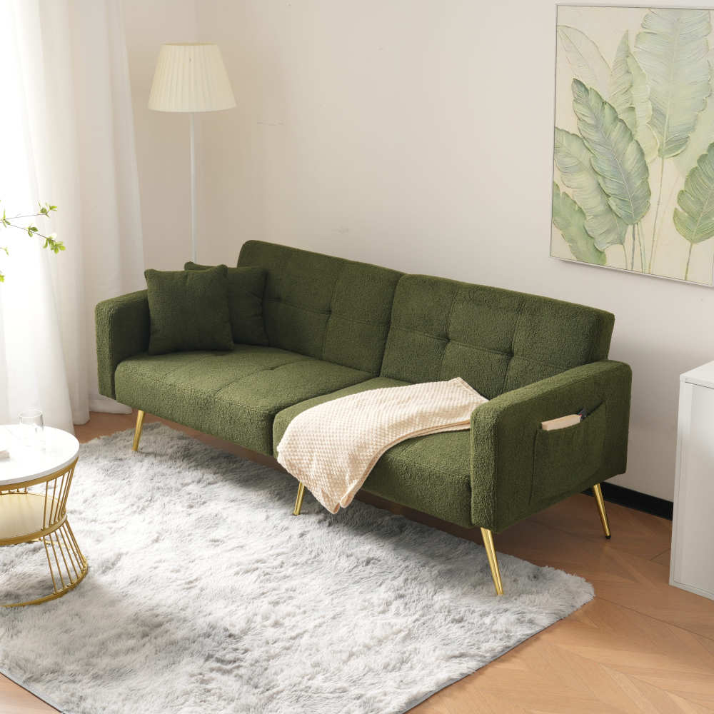 Sofa z funkcją spania, regulowanym kątem, złotymi nogami, poduszkami i bocznymi kieszeniami do przechowywania