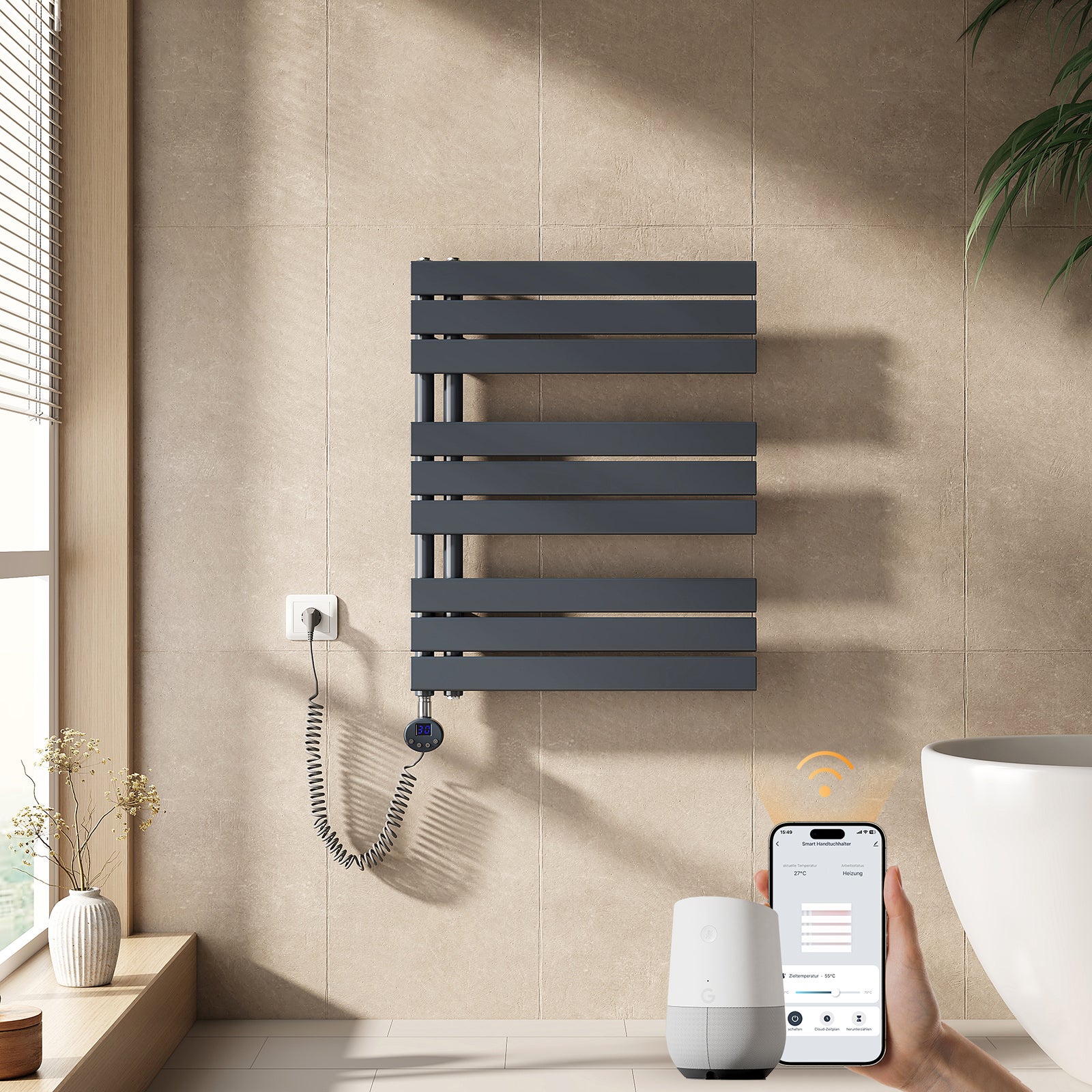 EMKE Grzejnik elektryczny łazienkowy 400W 76,2x60 cm Antracytowy z termostatem, funkcją Antybakteryjną