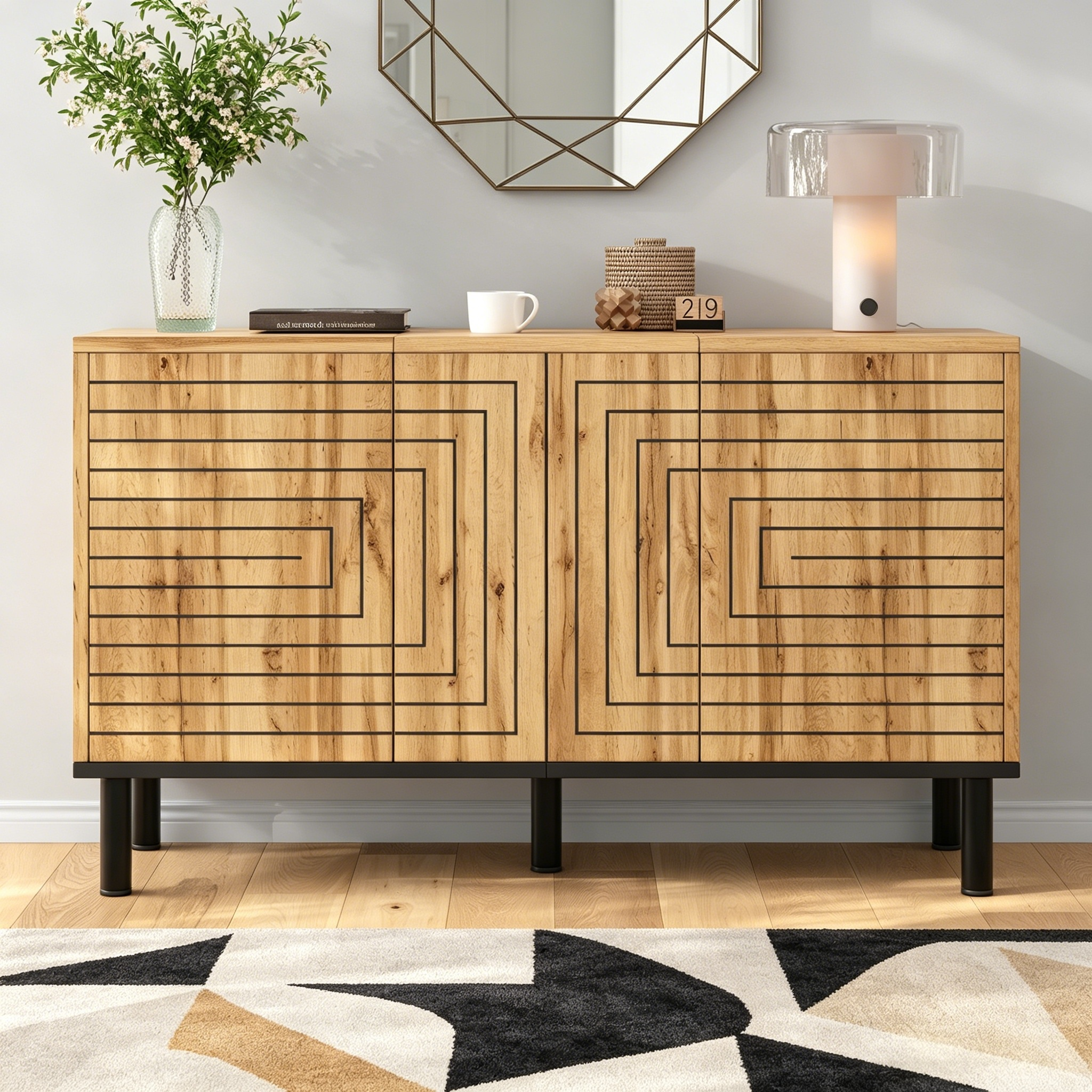Komoda trzydrzwiowa typu push-to-open z sześcioma przegródkami i falistym wzorem - MDF - 120 × 35 × 68 cm - Drewno