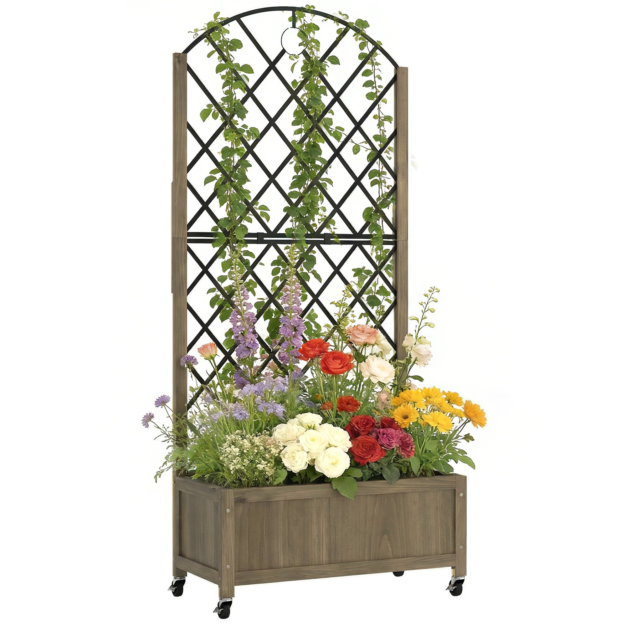 drewniany donica z metal Trellis i kółka do Climbing rośliny - Elevated donica 72x36x168 cm Carbonized