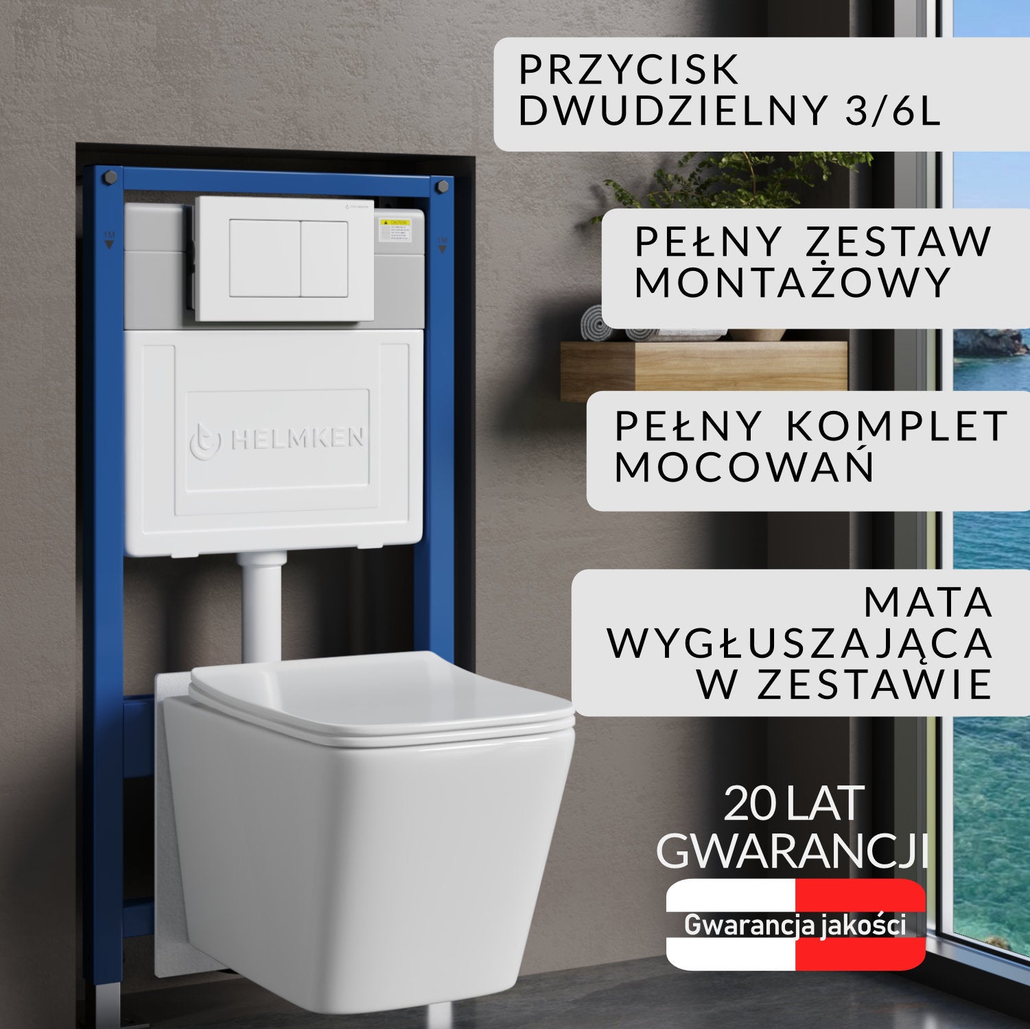 Stelaż podtynkowy WC Helmken 35120001 Zestaw 5w1: Przycisk Biały (J), Miska bezkołnierzowa Rimless, Deska wolnoopadająca, Mata