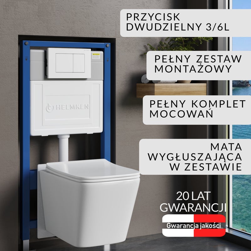 Stelaż podtynkowy WC Helmken 35120001 Zestaw 5w1: Przycisk Biały (J), Miska bezkołnierzowa Rimless, Deska wolnoopadająca, Mata