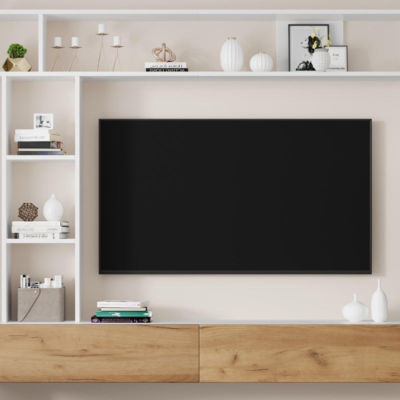 Zestaw mebli 3-częściowy zestaw RTV – szafka RTV + półka pionowa + półka ścienna – 2 opuszczane drzwi – kolor biały i naturalny