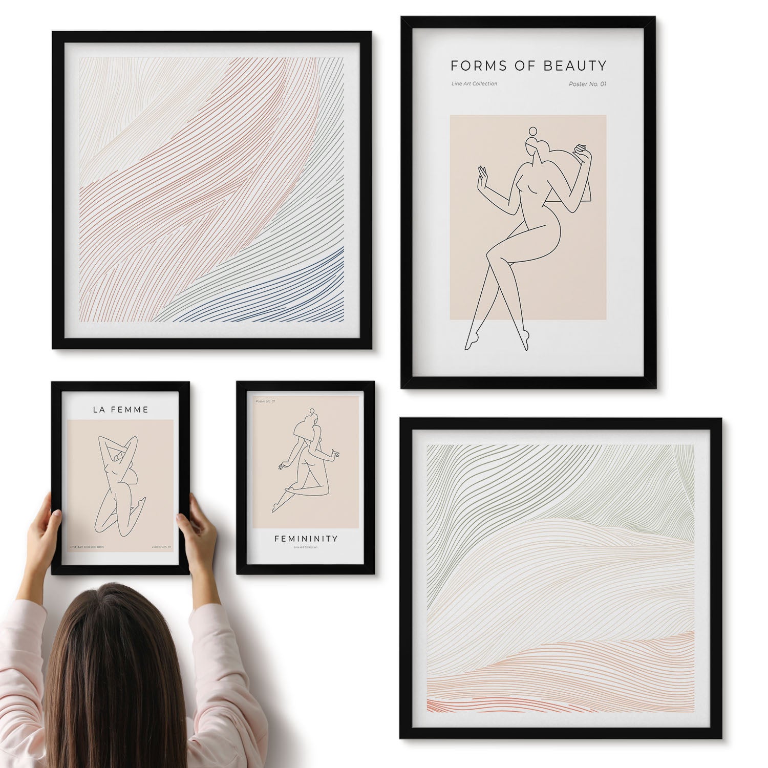 Galeria ścienna 5-częściowy komplet obrazów w czarnych ramach - Formy piękna linie i sylwetki w minimalistycznym stylu - ArtPrintCave