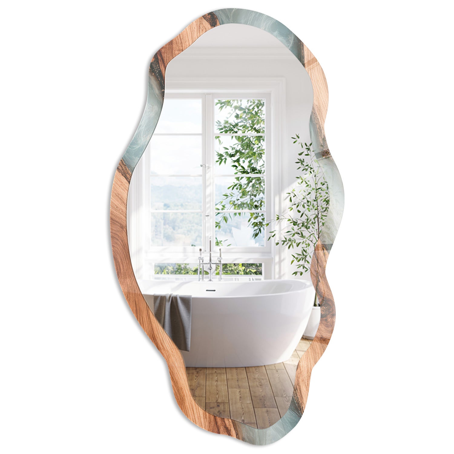 Lustro Ścienne o Organicznym Kształcie z Ozdobną Szklaną Ramką | Drewno nurt | 52x97 cm | ArtPrintCave