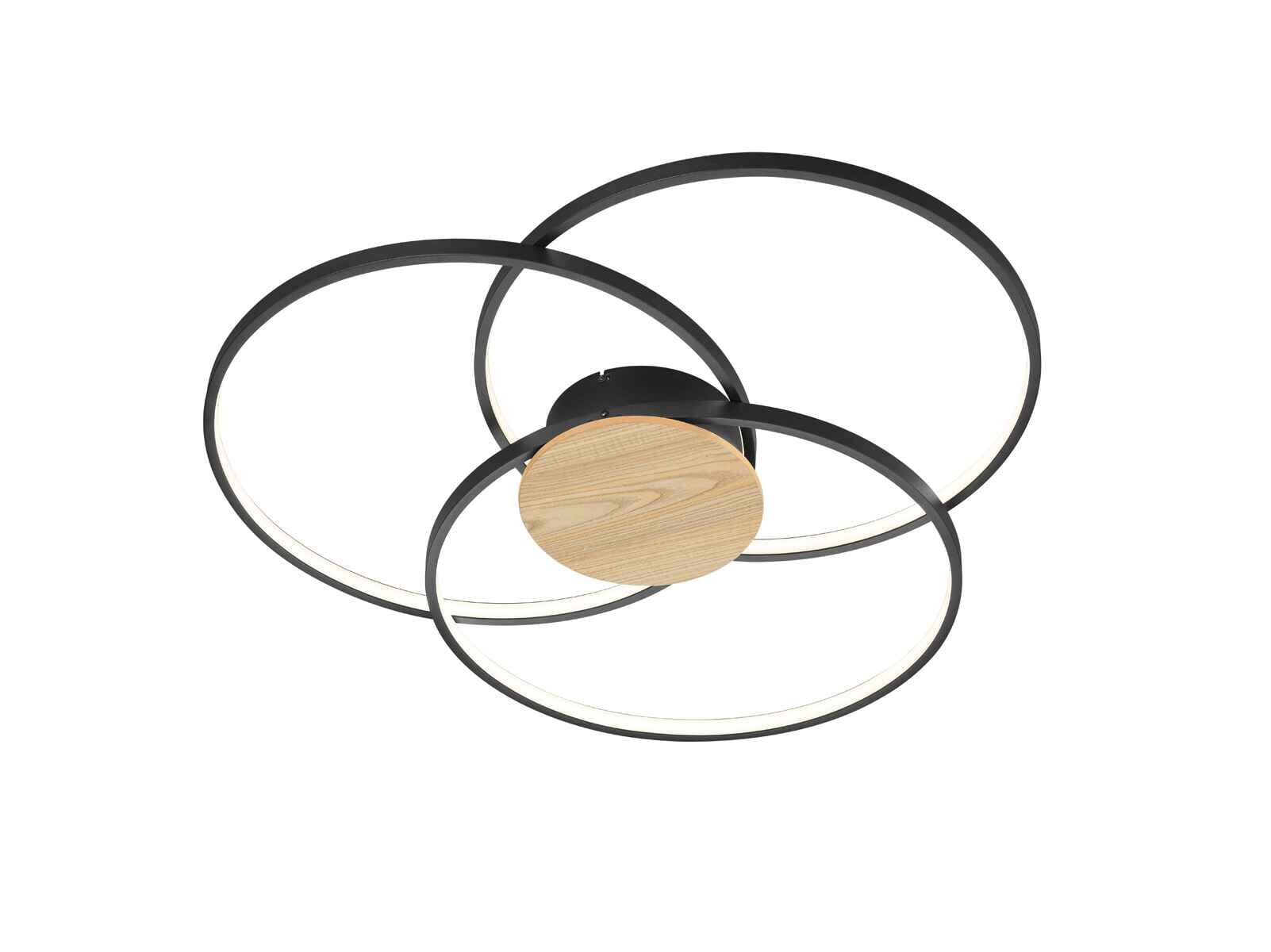 Lampa sufitowa LED Trio Leuchten Sedona 673210332, matowe czarne wykończenie z efektem metalu i drewna, 40 W, ze ściemniaczem i przełącznikiem.