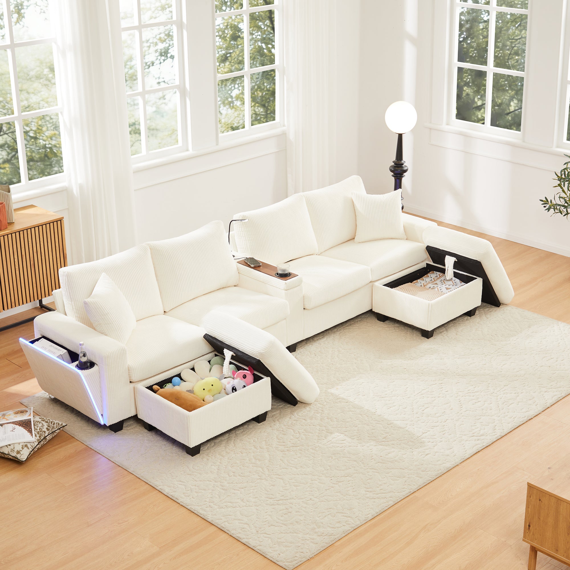 Nowoczesna sofa w kształcie litery U - z USB, Type-C i lampką do czytania - z oświetleniem LED - z uchwytem na kubek i 2 podnóżkami - sztruks - beż