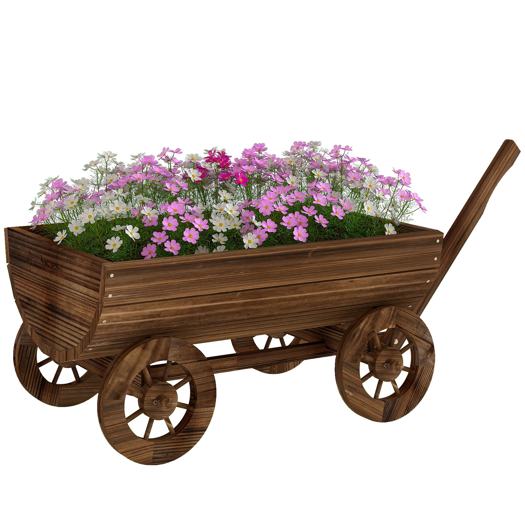 Karbonizowany wózek z drewna z 4 kołami i uchwytem, donica ogrodowa z otworem drenażowym 115x40x54,5 cm