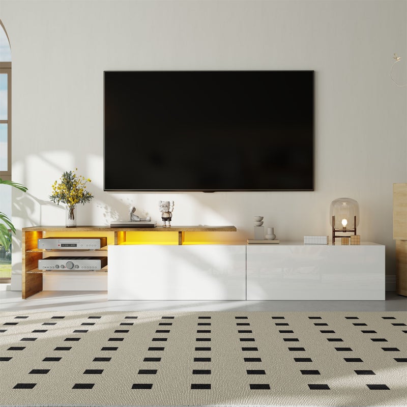 Szafka RTV z 2 szufladami i 2 szklanymi półkami - 170 x 33 x 33,5 cm - LED - Płyta wiórowa - do salonu - Biały + naturalny