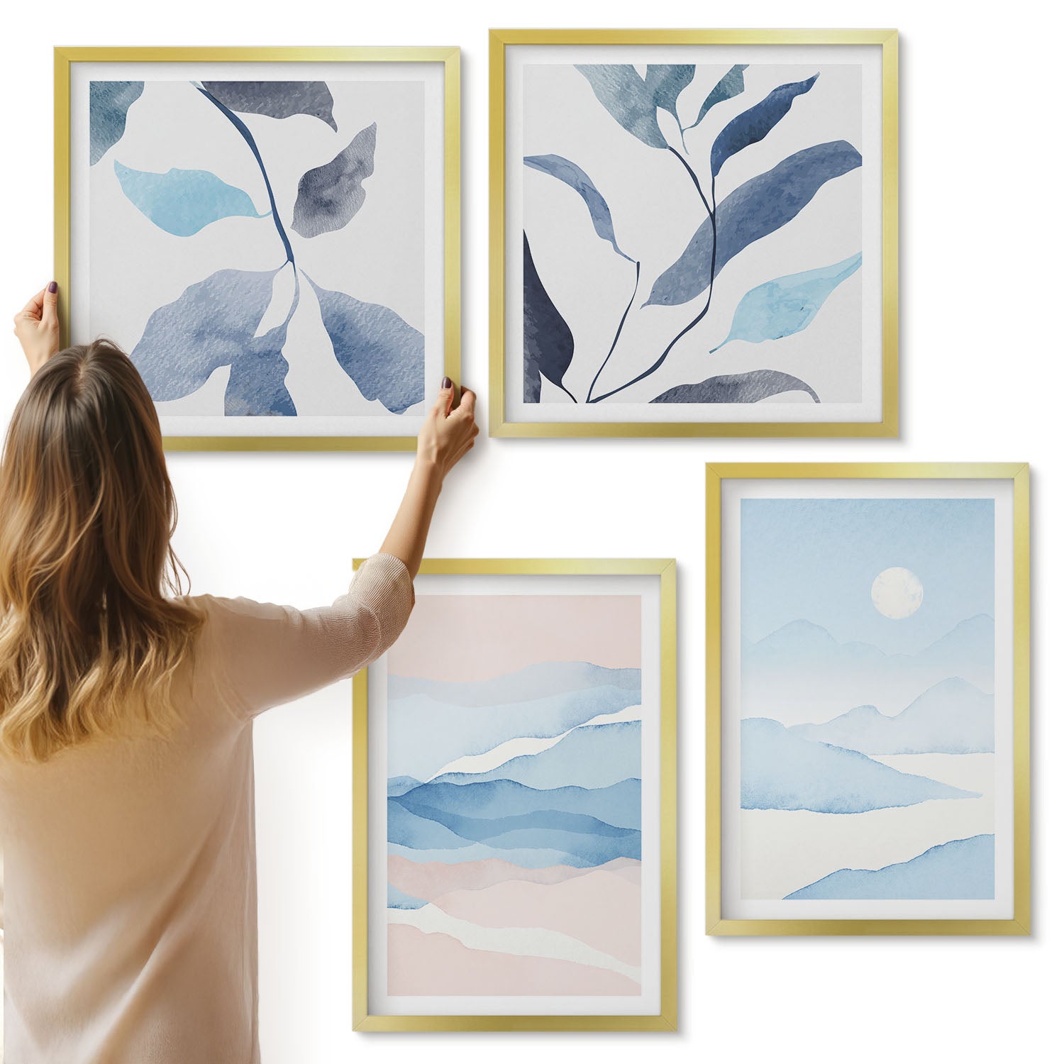 Galeria ścienna 4-częściowy komplet obrazów w złotych ramach - Delikatne pejzaże górskie w akwareli rośliny - ArtPrintCave
