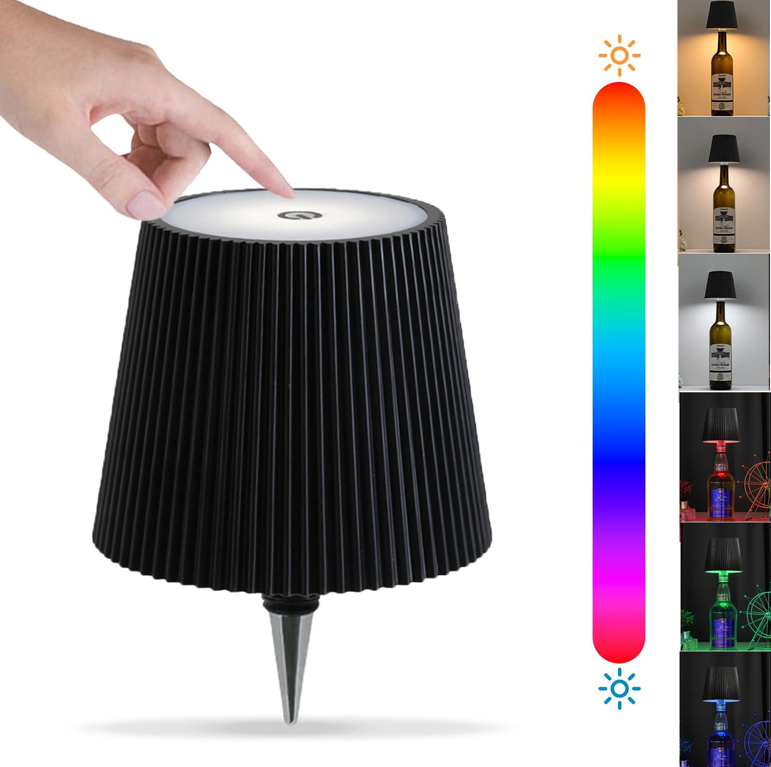 Bezprzewodowa lampka do butelki wina, 3 kolory + lampa stołowa LED RGB, ładowalna lampka do butelki wina ze sterowaniem dotykowym (czarna)