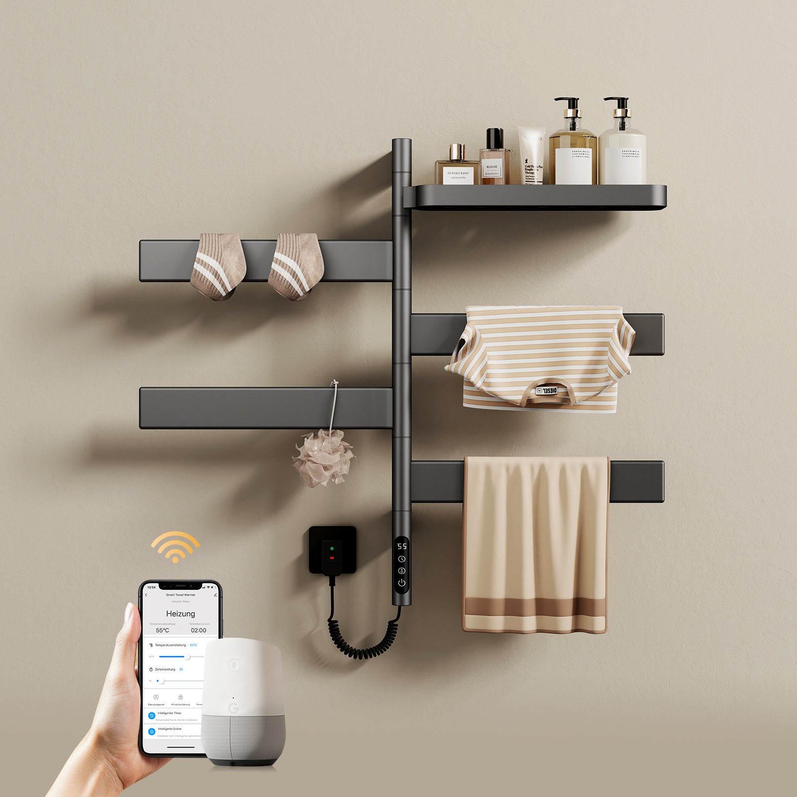 EMKE Elektryczny Grzejnik Łazienkowy Wi-Fi Obrotowy 180° z Półką - 77 x 45 cm, 120 W, 6 Trybów, IP45, grafitowy