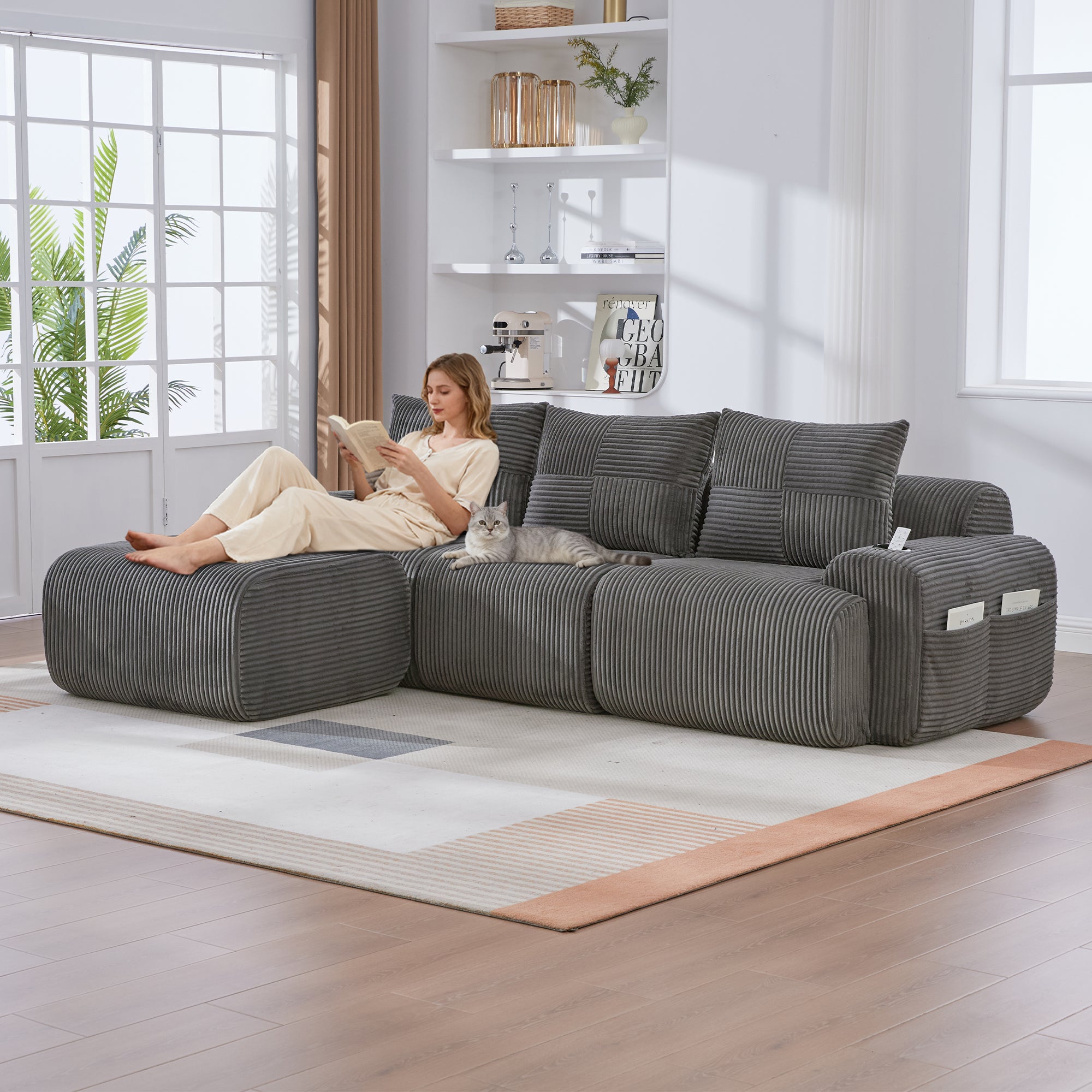 Sofa 268 x 174 x 80cm, welur, do salonu, do codziennego użytkowania, funkcjonalny element wyposażenia