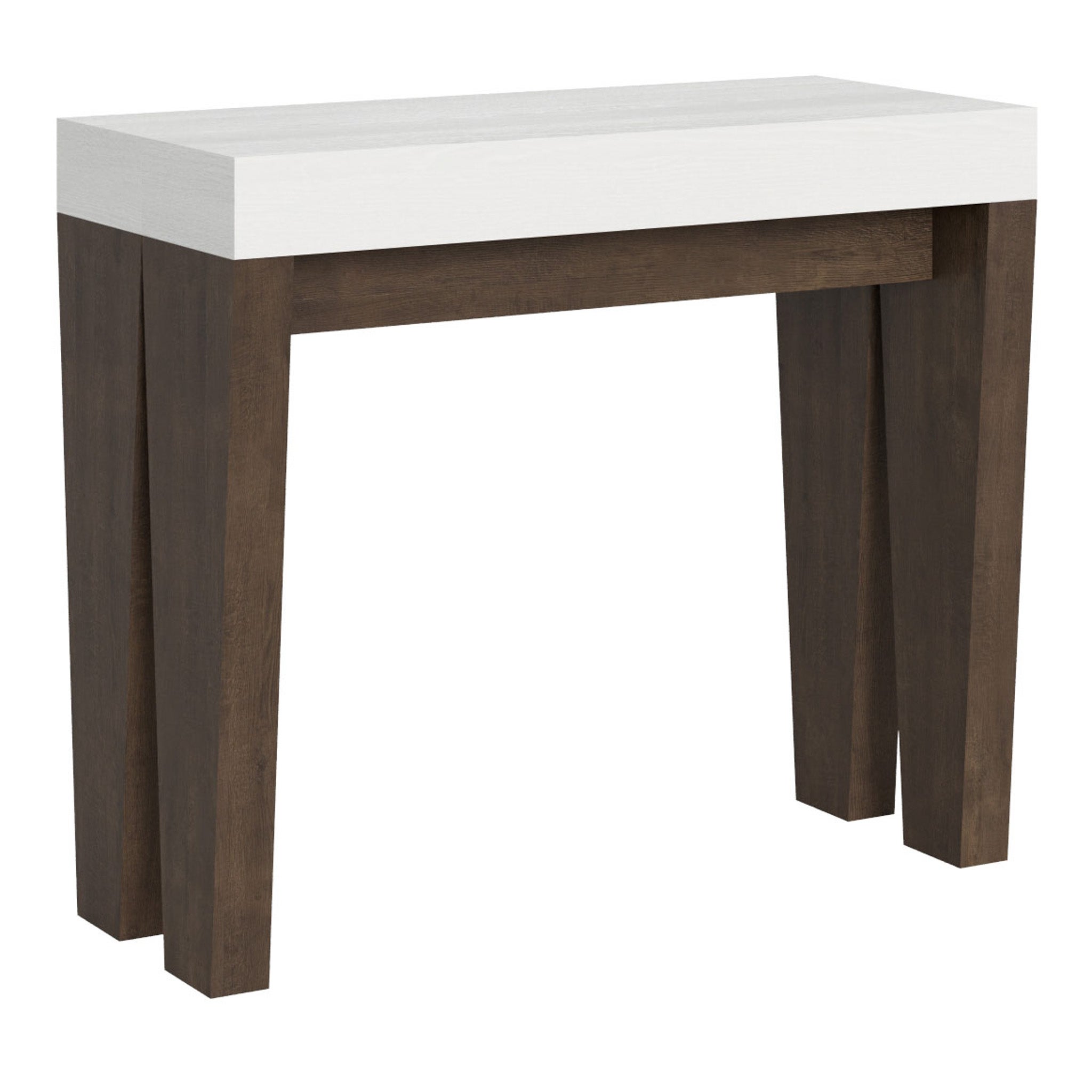 Mesa consola Spimbo Mix con tablero de fresno blanco y estructura de nogal, extensible hasta 3 metros.