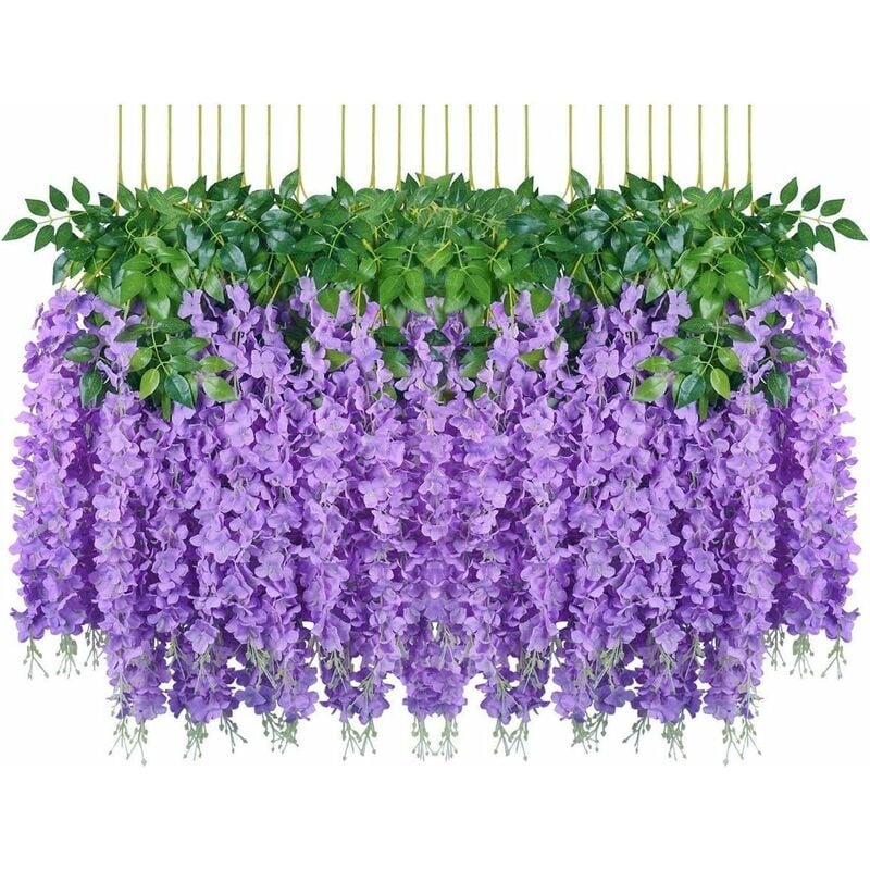 Sztuczne kwiaty, 24 sztuki sztucznej fałszywej glicynii wiszące kwiaty jedwabne dekoracje na przyjęcie ślubne w domu (110 cm fioletowy)