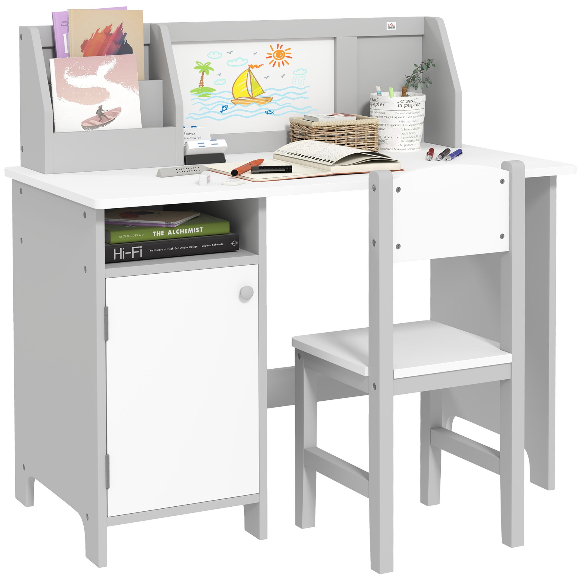 Drewniane biurko dla dzieci z krzesłem i stolikiem, organizerem i tablicą suchościeralną, dla dzieci w wieku 5+, 90x45x85 cm, szare