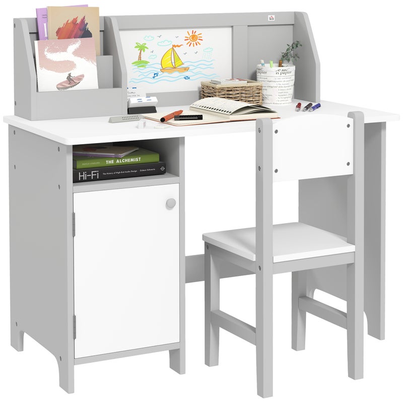 Drewniane biurko dla dzieci z krzesłem i stolikiem, organizerem i tablicą suchościeralną, dla dzieci w wieku 5+, 90x45x85 cm, szare