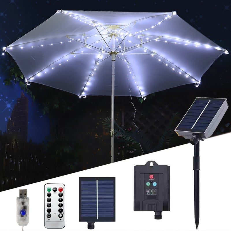 Zewnętrzne lampki solarne do parasola sznury światełek do parasola ogrodowego zasilane energią słoneczną z diodami LED i pilotem ładowane przez USB