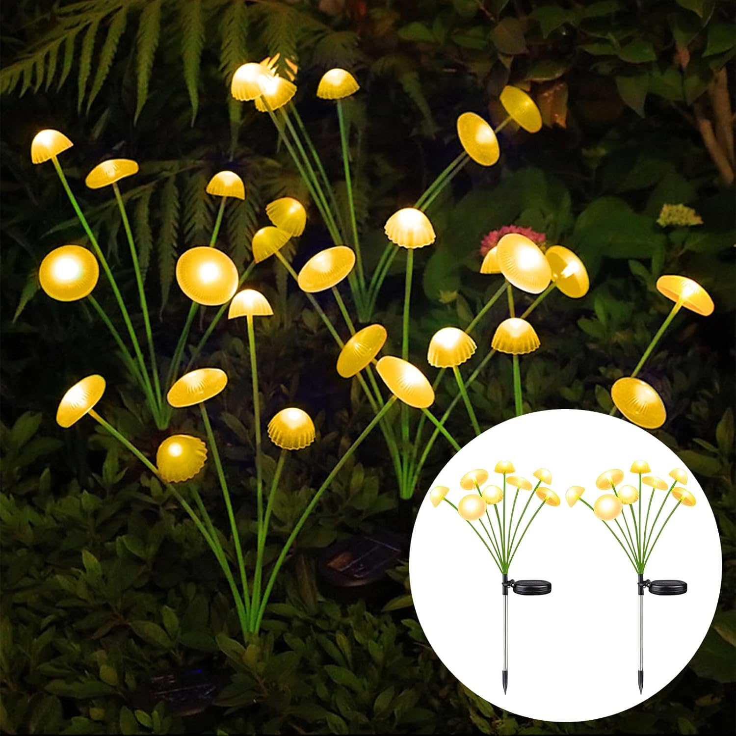 Zestaw 2 lamp solarnych ogrodowych w kształcie grzyba, 8 LED, 2 tryby oświetlenia, idealne do dekoracji ścieżki, ogrodzenia, trawnika (ciepłe)