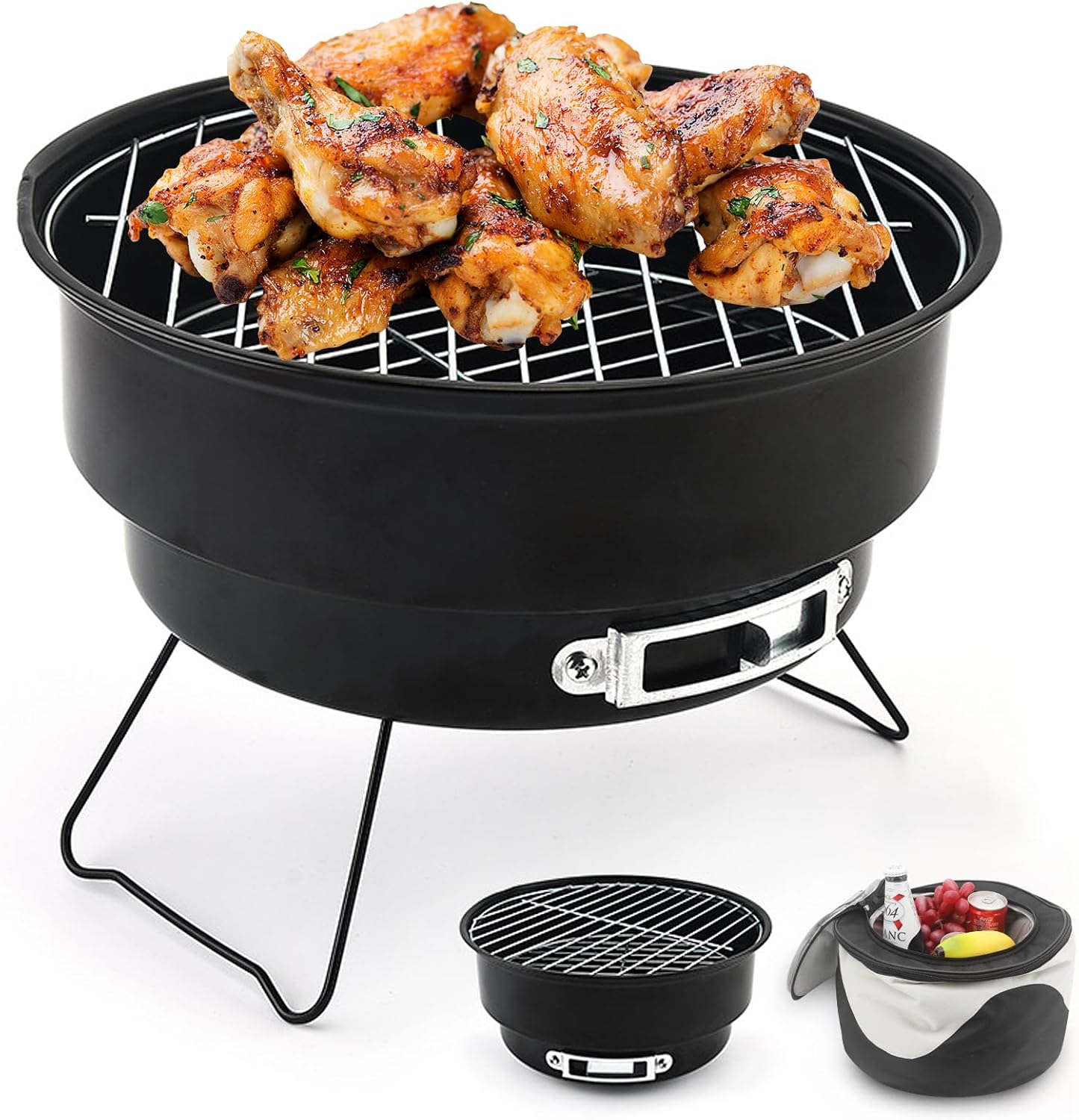 Grill składany przenośny 26×26×18 cm – Węgiel drzewny z torbą termiczną – Kemping, ogród, patio