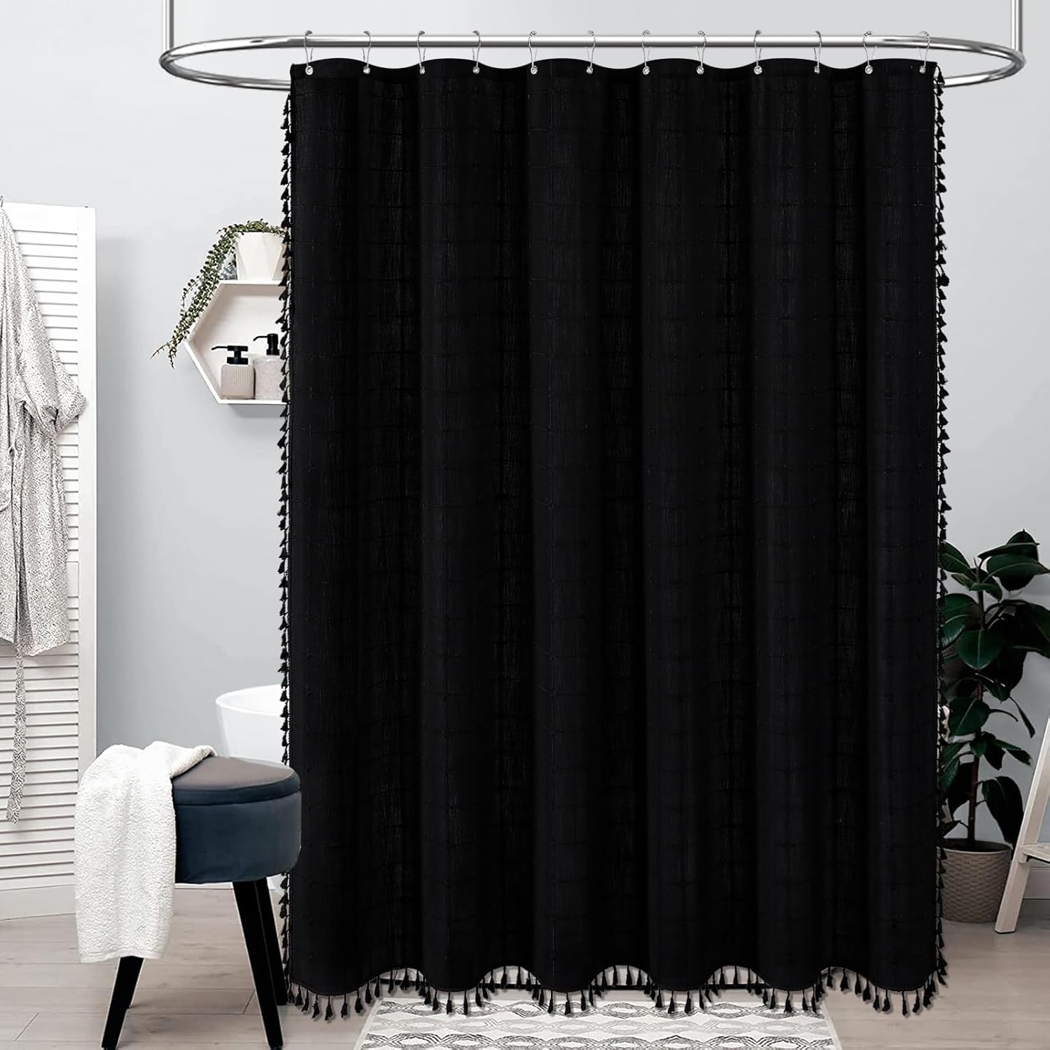 Zasłona prysznicowa z frędzlami w stylu boho, lniana, dekoracja łazienki, 72" x 72" (czarna)