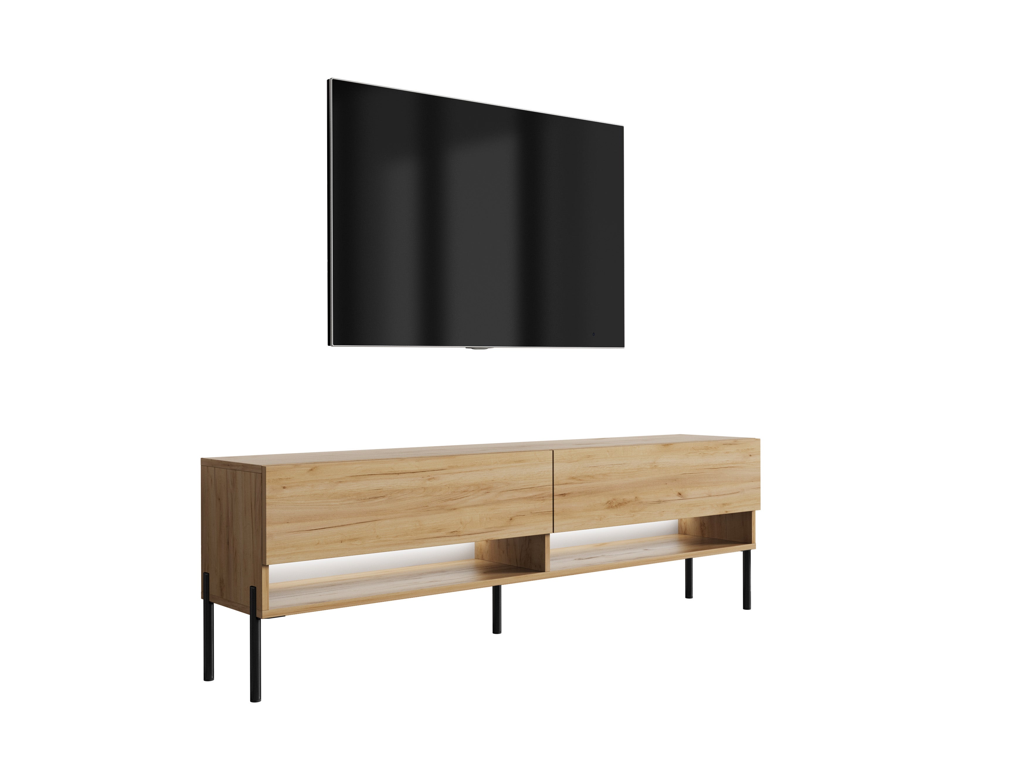 Szafka pod telewizor 170 cm Dąb Craft, nóżki proste czarne, LED biały, 170 × 32 × 52 cm