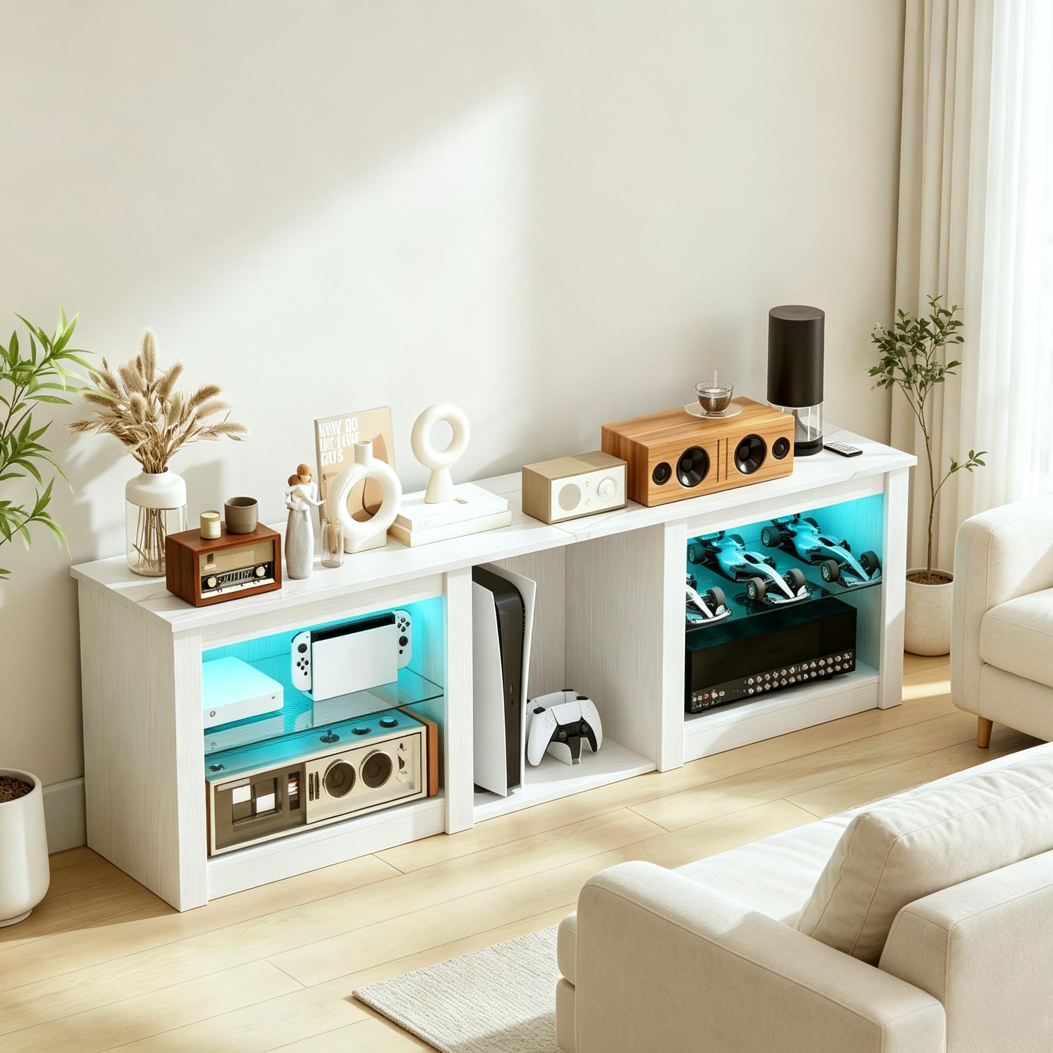 TV Stojak pod telewizor z oświetleniem LED do telewizorów do 70 cali, 160cm z regulowanymi szklanymi półkami, Biały, Płyta wiórowa, 160 x 35 x 49,7 cm