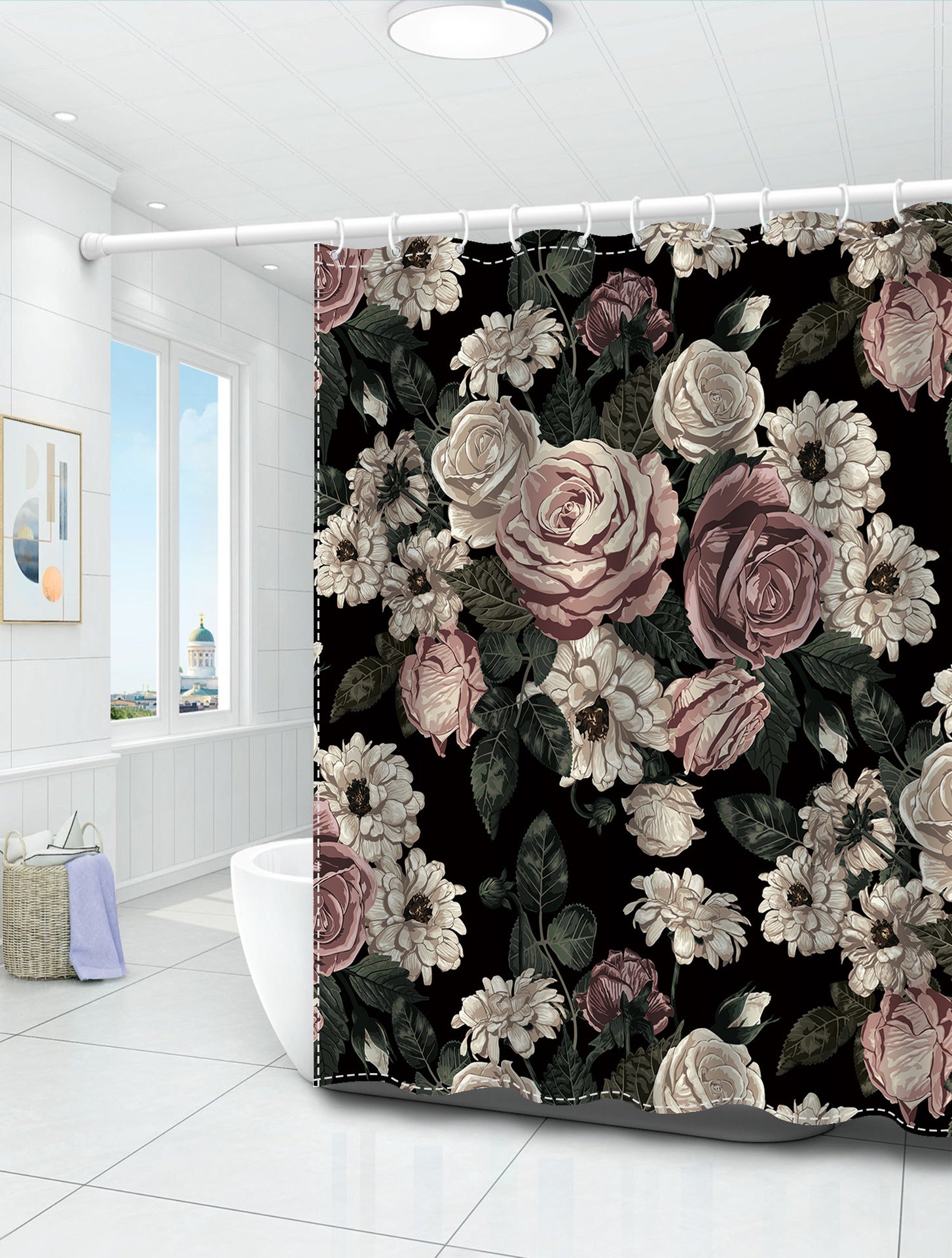 Zasłona prysznicowa w stylu retro, z haczykami w zestawie, odpowiednia do użytku domowego i hotelowego, 180 cm x 180 cm wysokości (1 sztuka).