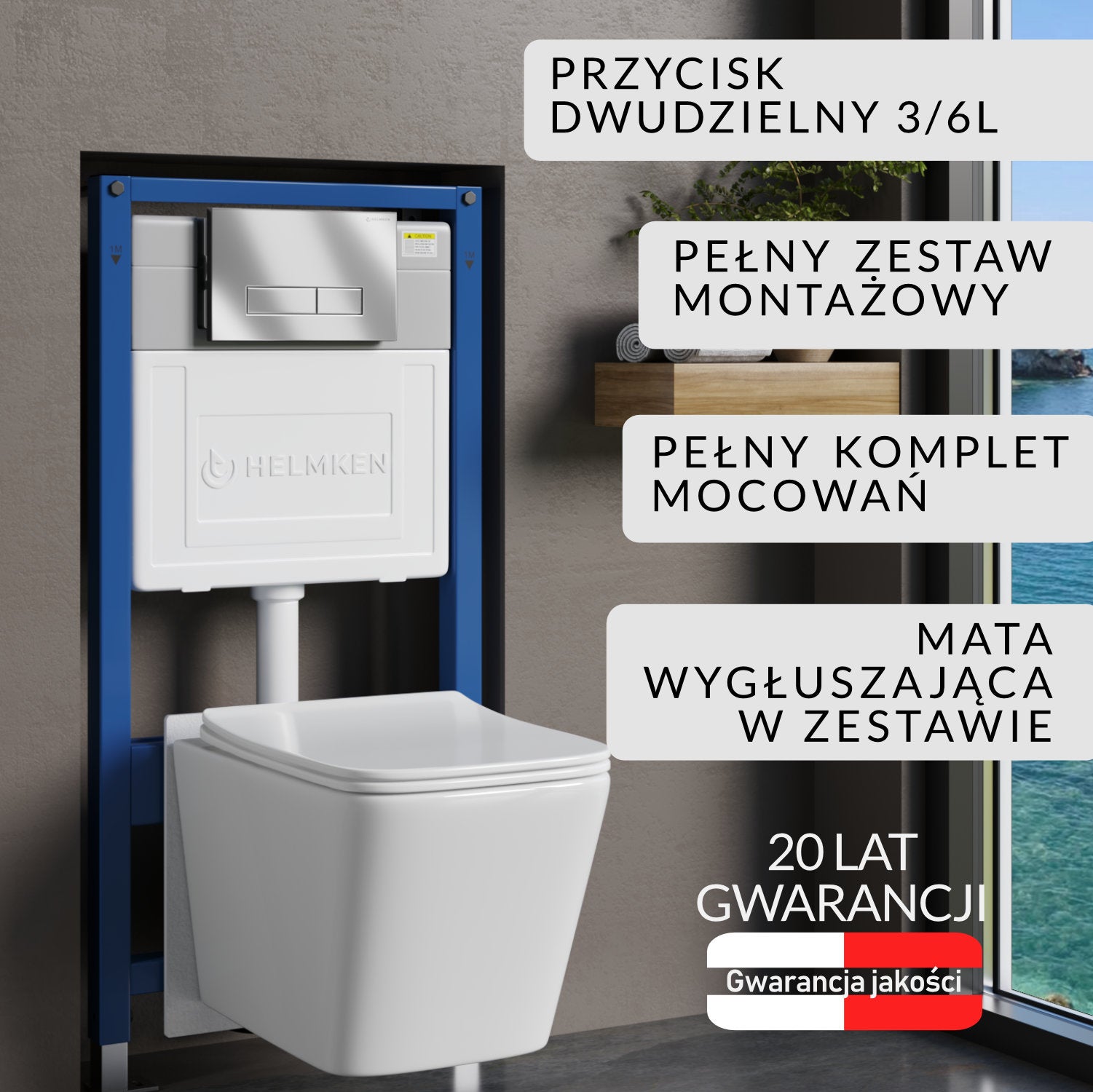 Stelaż podtynkowy WC Helmken 35120001 Zestaw 5w1: Przycisk Satуna HD, Miska bezkołnierzowa Rimless, Deska wolnoopadająca, Mata
