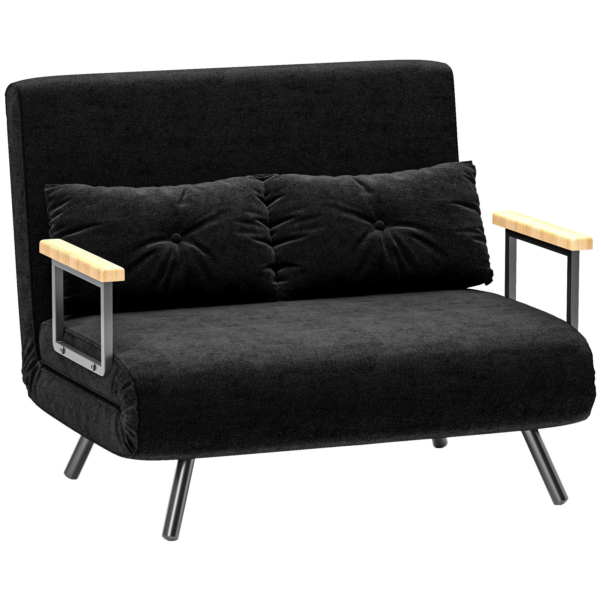 Sofa 3 w 1 z funkcją spania w tkaninie imitującej aksamit, z regulowanym oparciem i 2 poduszkami, 102 x 73 x 81 cm, kolor czarny
