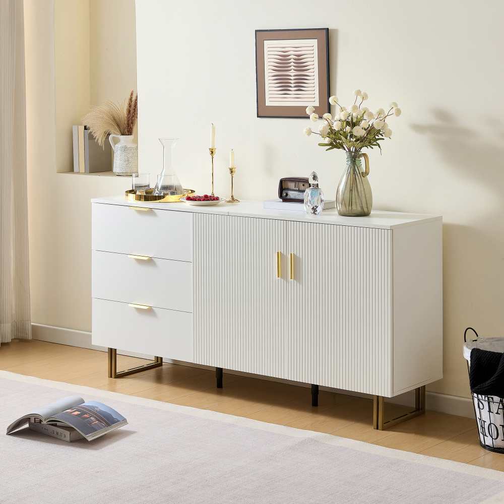 Nowoczesna 2-drzwiowa komoda z 3 szufladami, 160 cm, wykonana z płyty MDF ze złotymi uchwytami i stalowymi nogami
