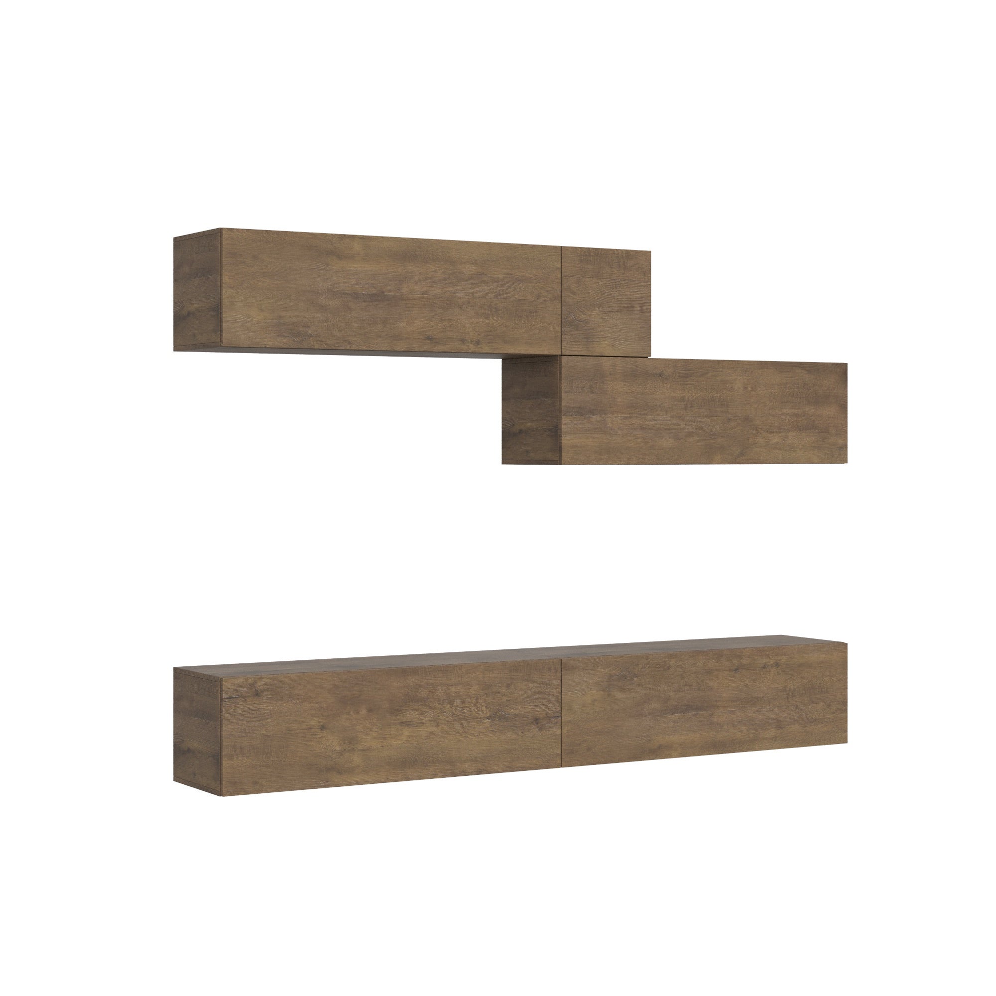Mueble de pared suspendido Isoka A03 para sala de estar, 268 cm de ancho x 39,5 cm de profundidad, acabado texturizado contemporáneo en nogal.