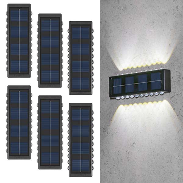 6x Ścienna Lampa Solarna - 20 LED, Reflektor Washlight, Światło Góra/Dół, Białe światło, Wodoodporna Zewnętrzna do Ganku