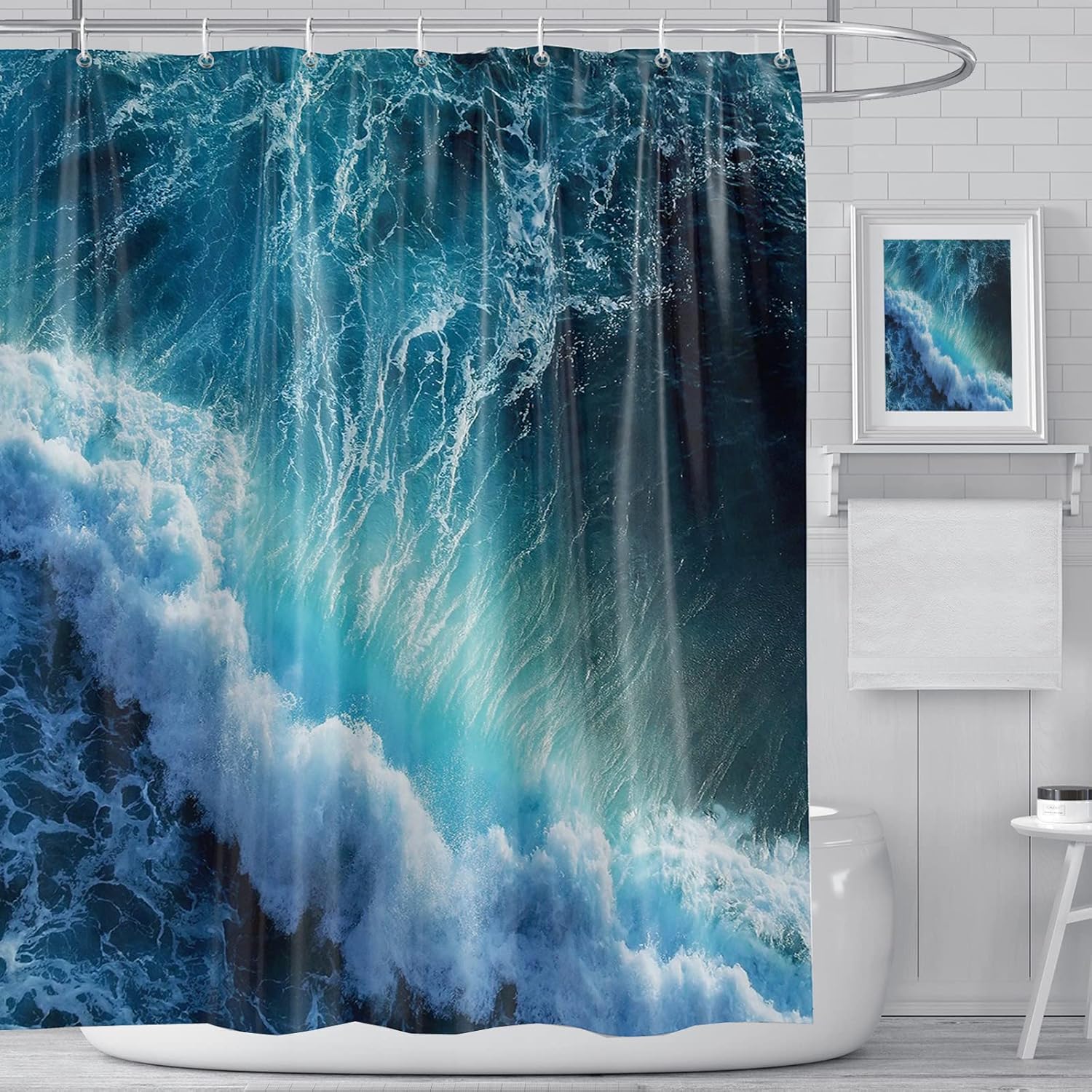 Niebieska zasłona prysznicowa odporna na pleśń, z motywem fal oceanicznych 3D, z 12 haczykami, 180 x 180 cm, do łazienki, toalety, wanny