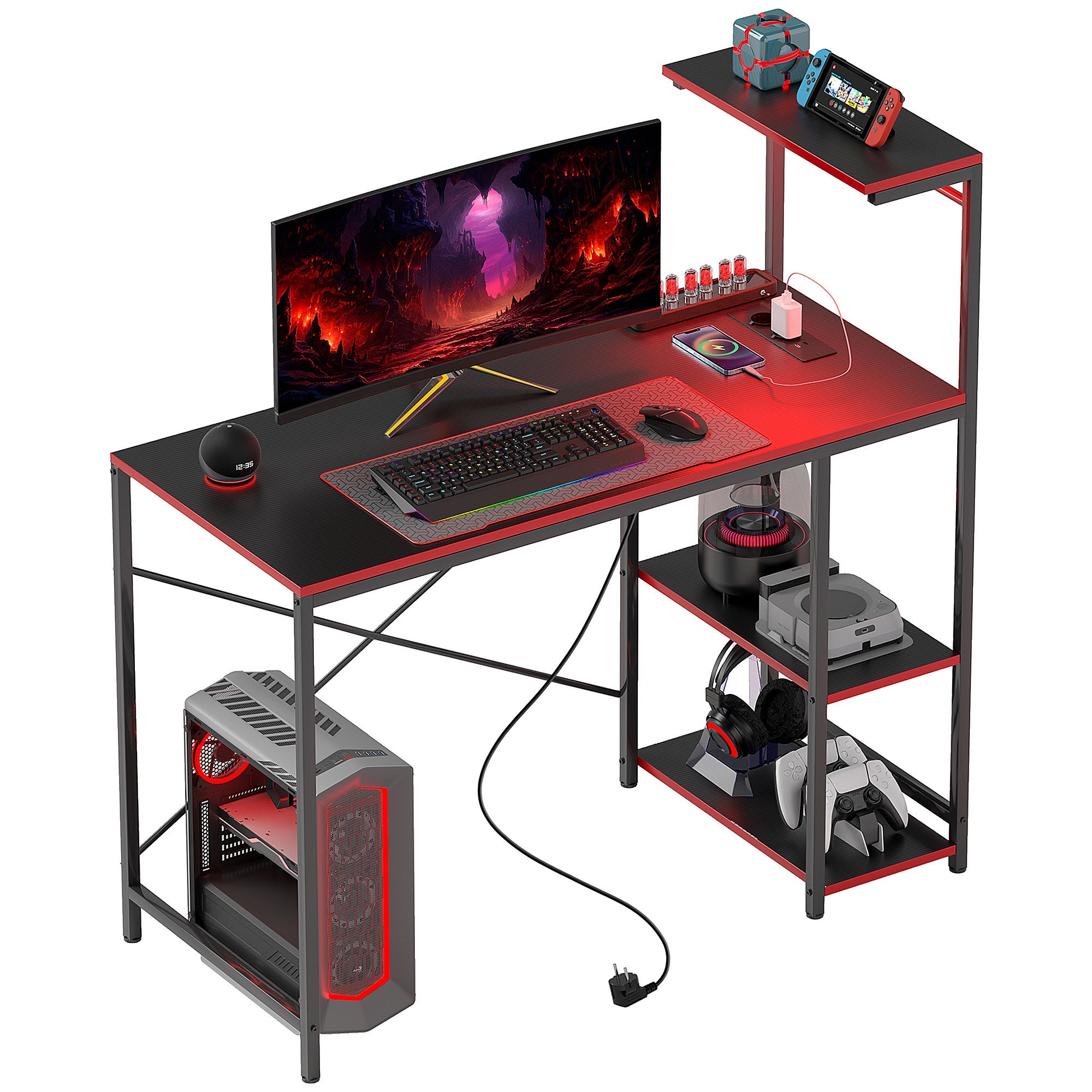 Biurko gamingowe z włókna węglowego z oświetleniem LED, 110 x 50 cm, gniazdkami elektrycznymi, półkami i pilotem, czarne