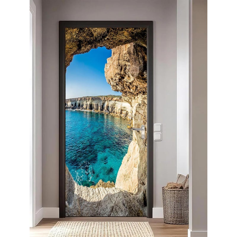 Naklejka na drzwi z jaskinią morską 3D do kuchni, sypialni, łazienki, samoprzylepna, zdejmowana, 77 x 200 cm
