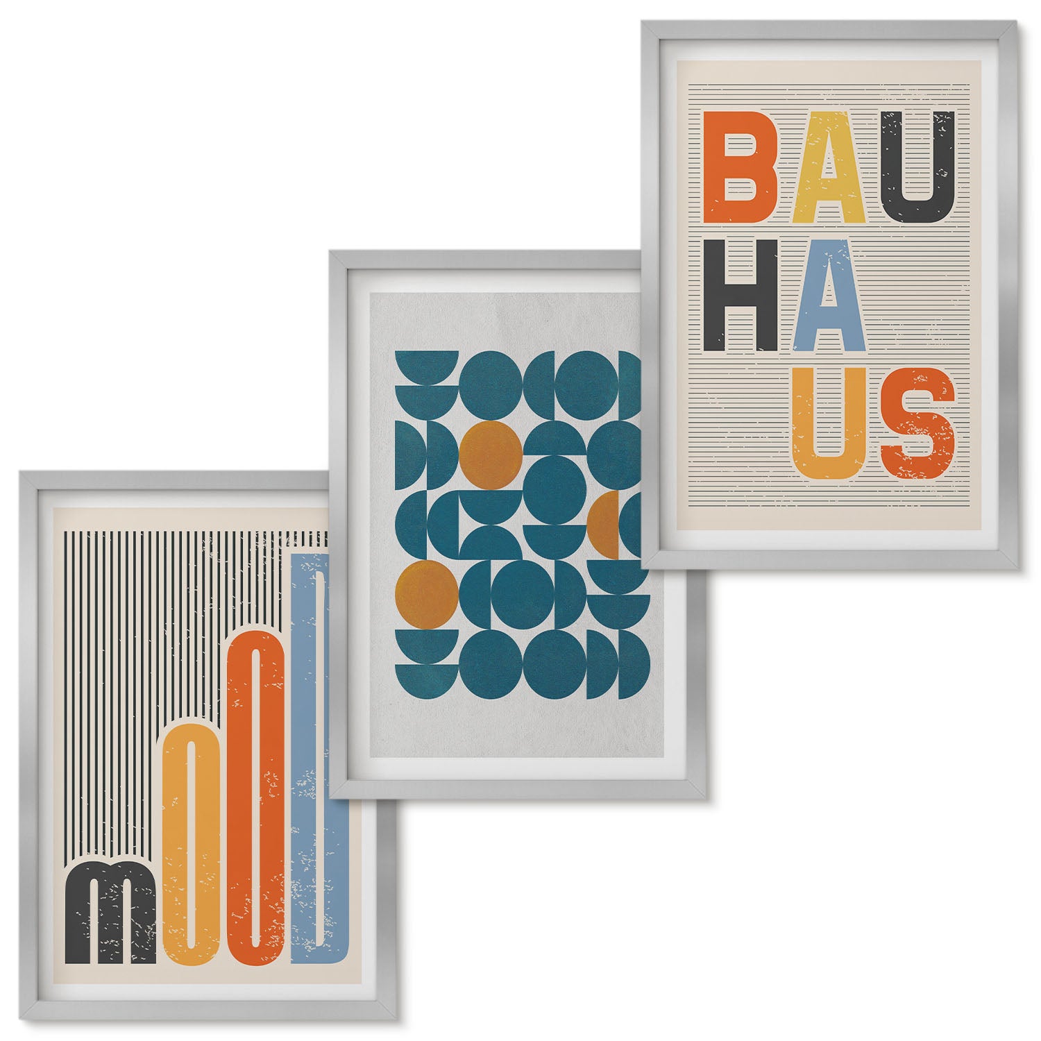 Zestaw obrazów w ramie - 3 części | Geometryczne wzory postery styl Bauhaus | Srebrna ramka