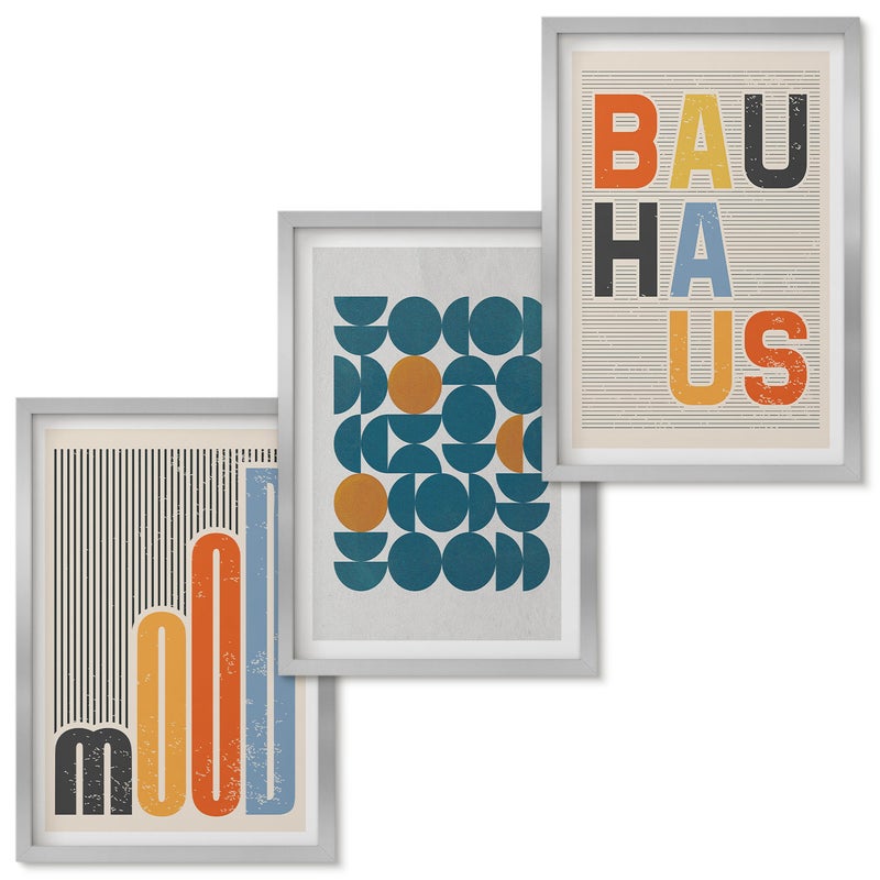 Zestaw obrazów w ramie - 3 części | Geometryczne wzory postery styl Bauhaus | Srebrna ramka