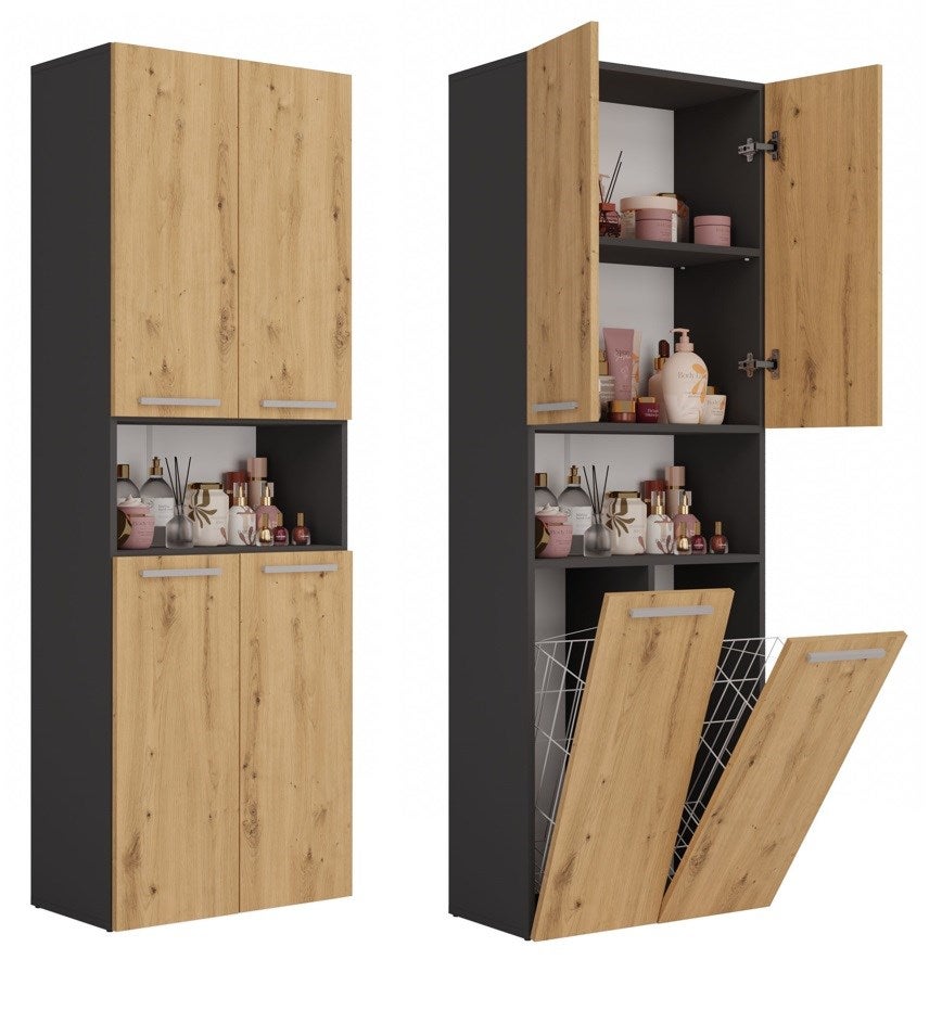 Szafka Łazienkowa Topeshop Słupek Nel DK 2K Kosz Antracyt Dąb Artisan 30x60x174 cm 1 szt.