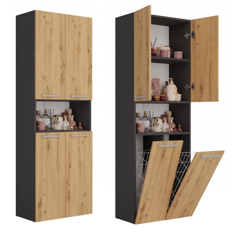 Szafka Łazienkowa Topeshop Słupek Nel DK 2K Kosz Antracyt Dąb Artisan 30x60x174 cm 1 szt.