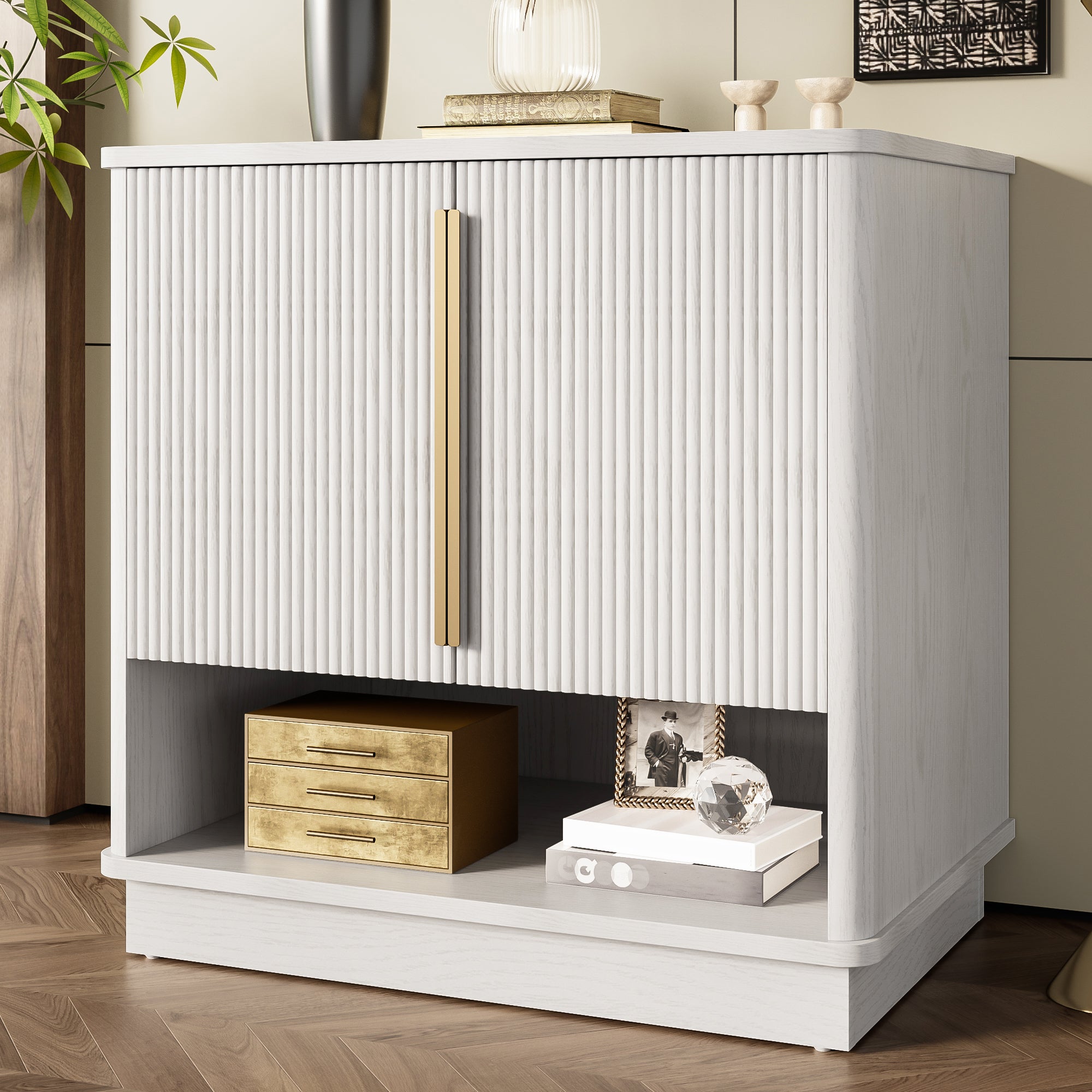 Szafka na buty z 2 drzwiami i 1 otwartą przegrodą - 60 x 40 x 61 cm - MDF i złote uchwyty - Biała