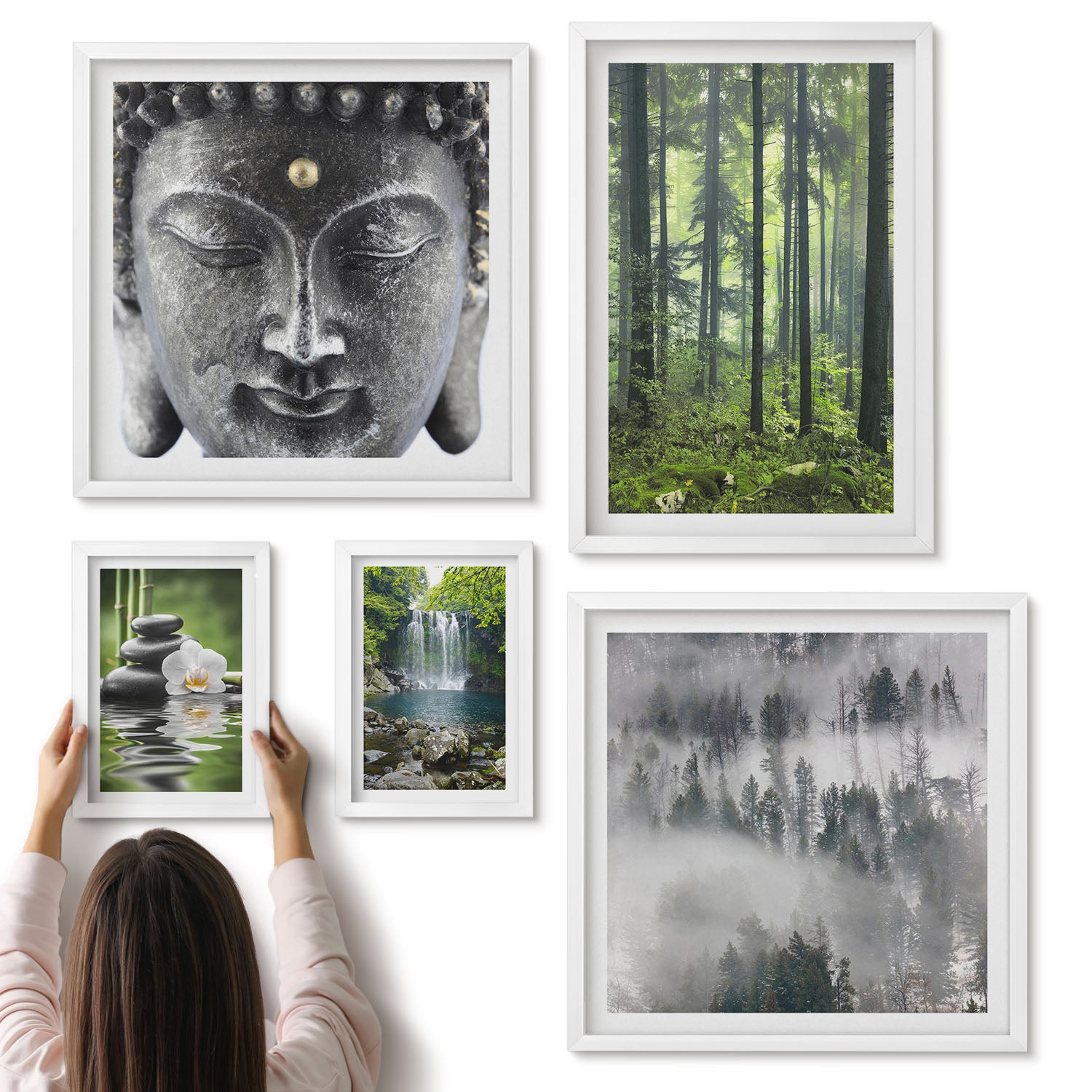 Galeria ścienna 5-częściowy komplet obrazów w białych ramach - Relaksujące motywy natury z elementami zen i wodospadami - ArtPrintCave