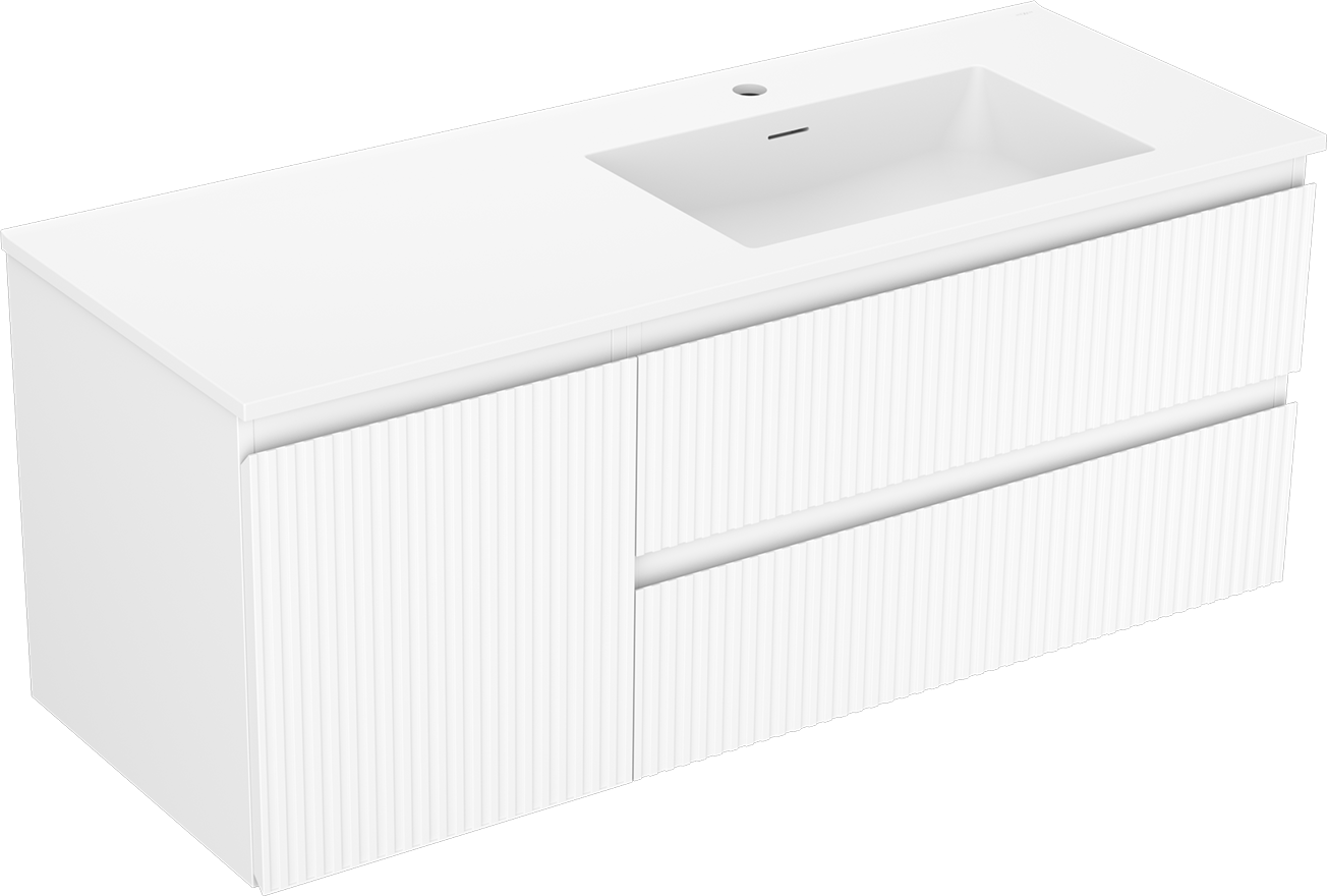 Mexen Rivel szafka łazienkowa 120 cm z umywalką Otis prawą, 2S, 1D, ryflowana, biała mat - 91A23-12047-3-BBFFF01-W18P01