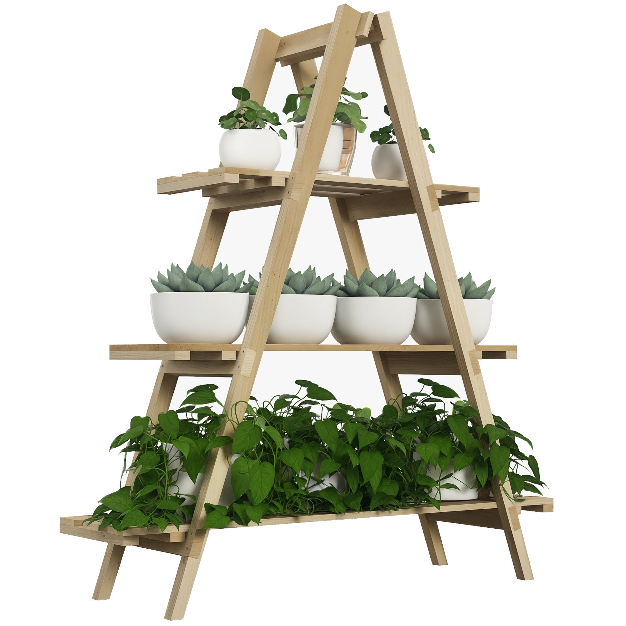 3-poziomowy składany stojak na rośliny z naturalnego drewna z konstrukcją w kształcie litery A, 100 x 36 x 112 cm